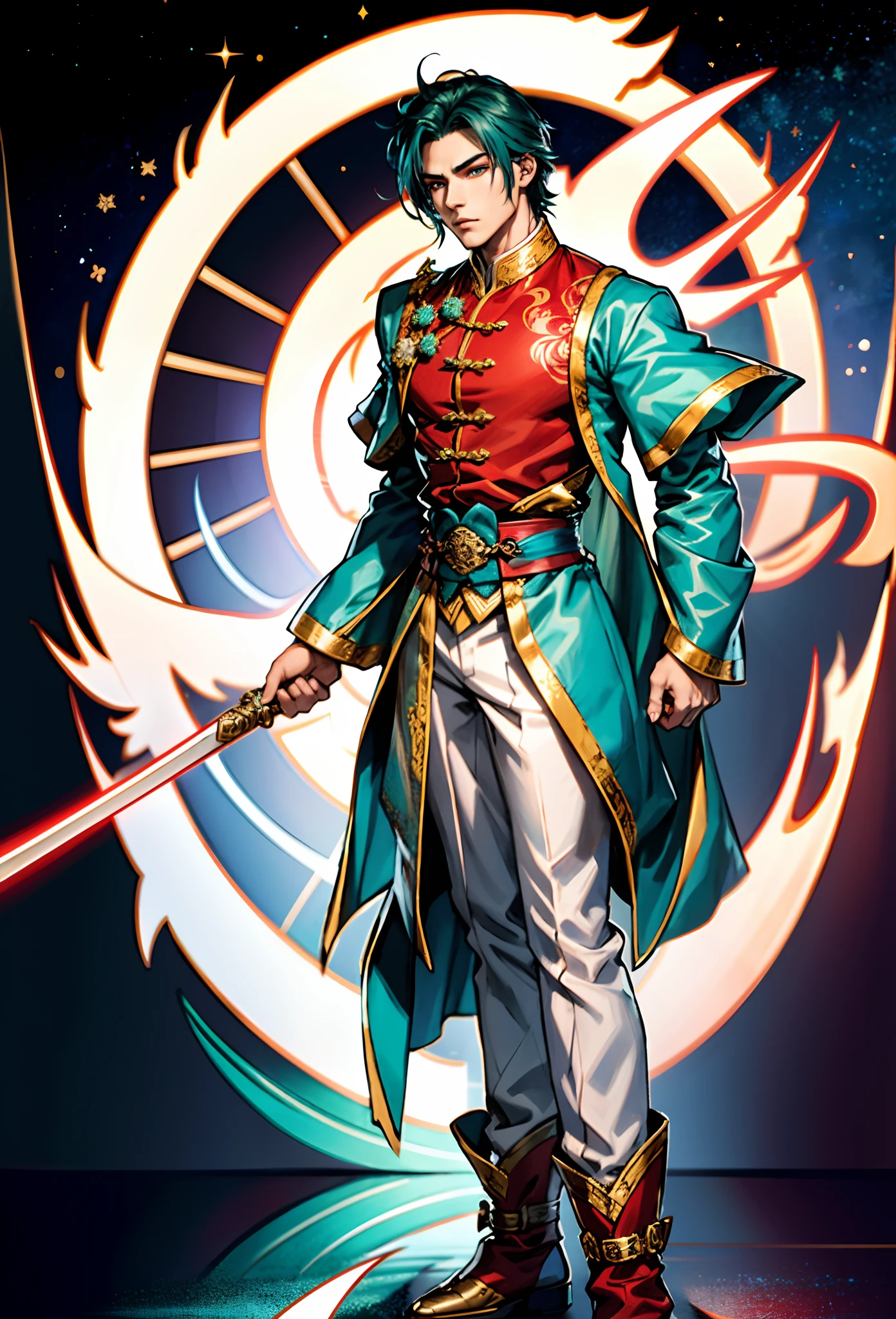 A young man with short aquamarine hair, sharp eyebrows, starry eyes, radiating a righteous aura, a two-piece fantasy wuxia-style outfit, featuring a traditional Chinese martial arts long gown, a wide overcoat, flowing sleeves, the color scheme is mainly red and white, with yellow as secondary colors, matching trousers, sturdy cloth boots, the background depicts a dreamy pattern of geometric symbols and stars, this character embodies a finely crafted fantasy-style Chinese martial hero in anime style, characterized by an exquisite and mature manga illustration art style, full body character drawing, high definition, best quality, highres, ultra-detailed, ultra-fine painting, extremely delicate, professional, anatomically correct, symmetrical face, extremely detailed eyes and face, high quality eyes, creativity, RAW photo, UHD, 8k, Natural light, cinematic lighting, masterpiece:1.5
