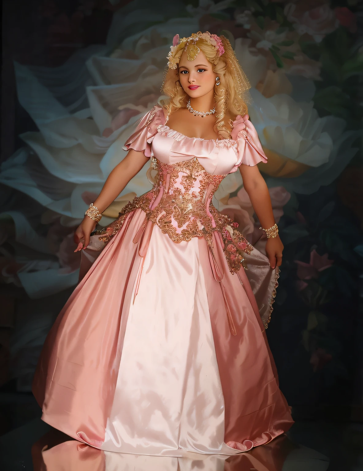 blond woman in a pink and white dress posing for a picture, baroque hibiscus queen, full dress, fantasy dress, wearing a pink ballroom gown, rococo queen, rococo dress, beautiful costume, in a high renaissance style, victorian style costume, dress in the style of rococo, high quality theatre costume, full costume, in costume, baroque dress