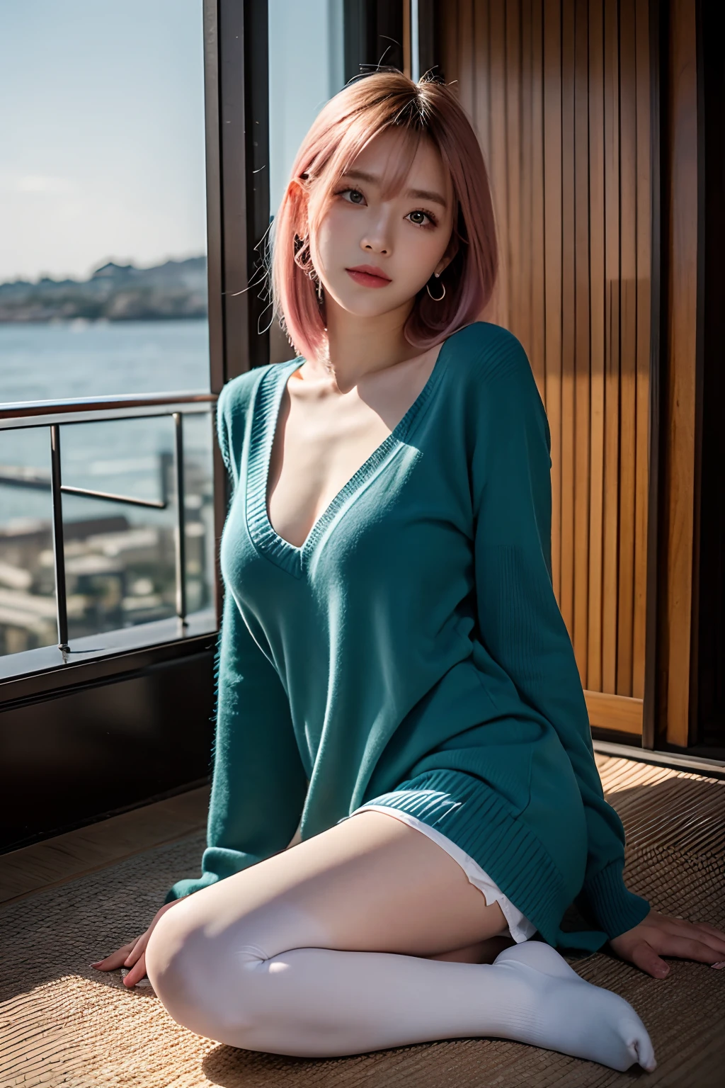 Masterpiece, Best quality, Dusk, Moon, over the sea, Realistic, Real, Huge_filesize, the wallpaper, Girl, A MILF, Long hair, Pink hair, crossed bangs, Beautiful detailed eyes, aqua eyes, view the viewer, Small breasts, Sweater dress, Miniskirt, White pantyhose, Earrings, jewelry, Crossed_Legs, yokozuwari,