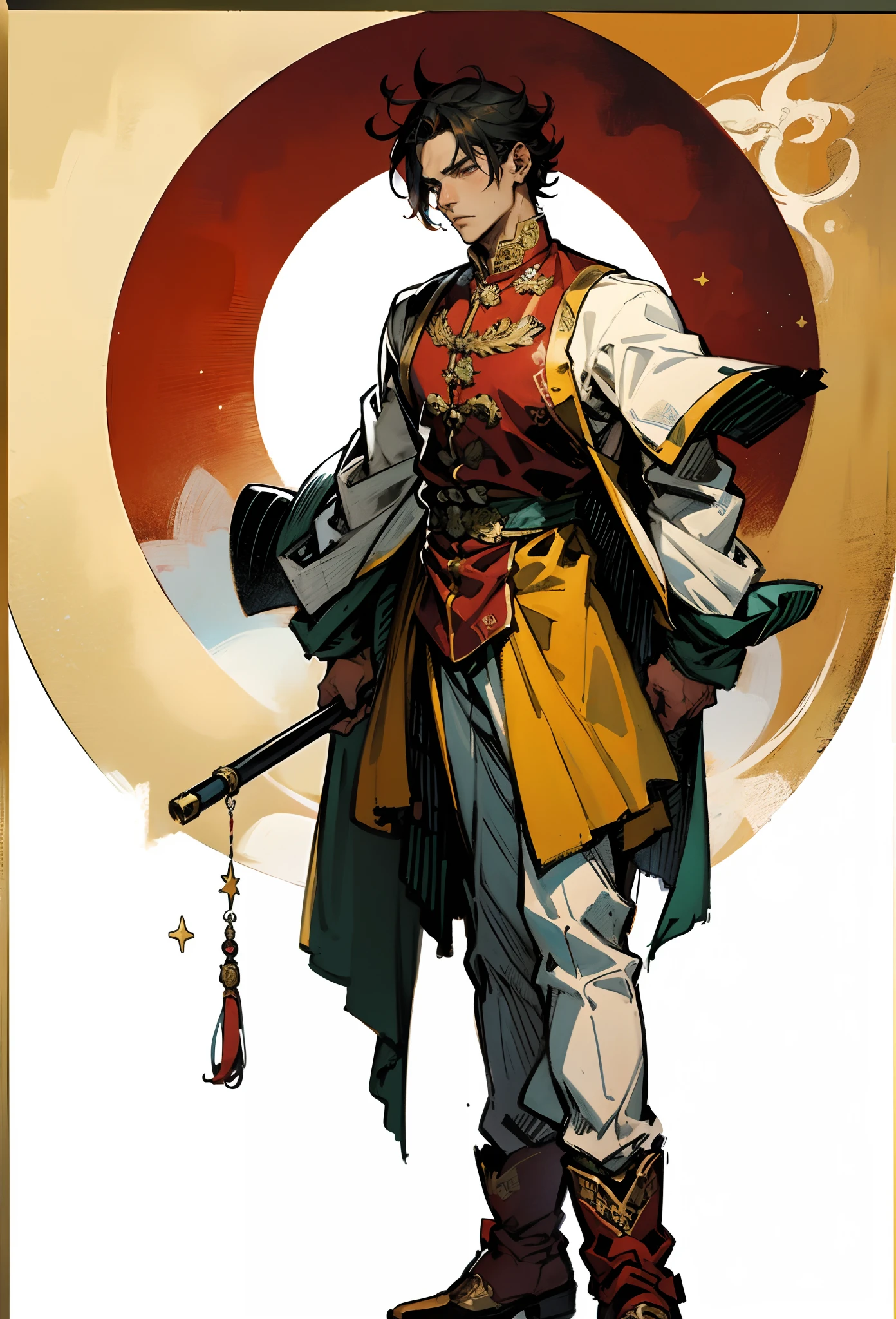 A young man with short aquamarine hair, sharp eyebrows, starry eyes, radiating a righteous aura, a two-piece fantasy wuxia-style outfit, featuring a traditional Chinese martial arts long gown, a wide overcoat, flowing sleeves, the color scheme is mainly red and white, with yellow as secondary colors, matching trousers, sturdy cloth boots, the background depicts a dreamy pattern of geometric symbols and stars, this character embodies a finely crafted fantasy-style Chinese martial hero in anime style, characterized by an exquisite and mature manga illustration art style, full body character drawing, high definition, best quality, highres, ultra-detailed, ultra-fine painting, extremely delicate, professional, anatomically correct, symmetrical face, extremely detailed eyes and face, high quality eyes, creativity, RAW photo, UHD, 8k, Natural light, cinematic lighting, masterpiece:1.5