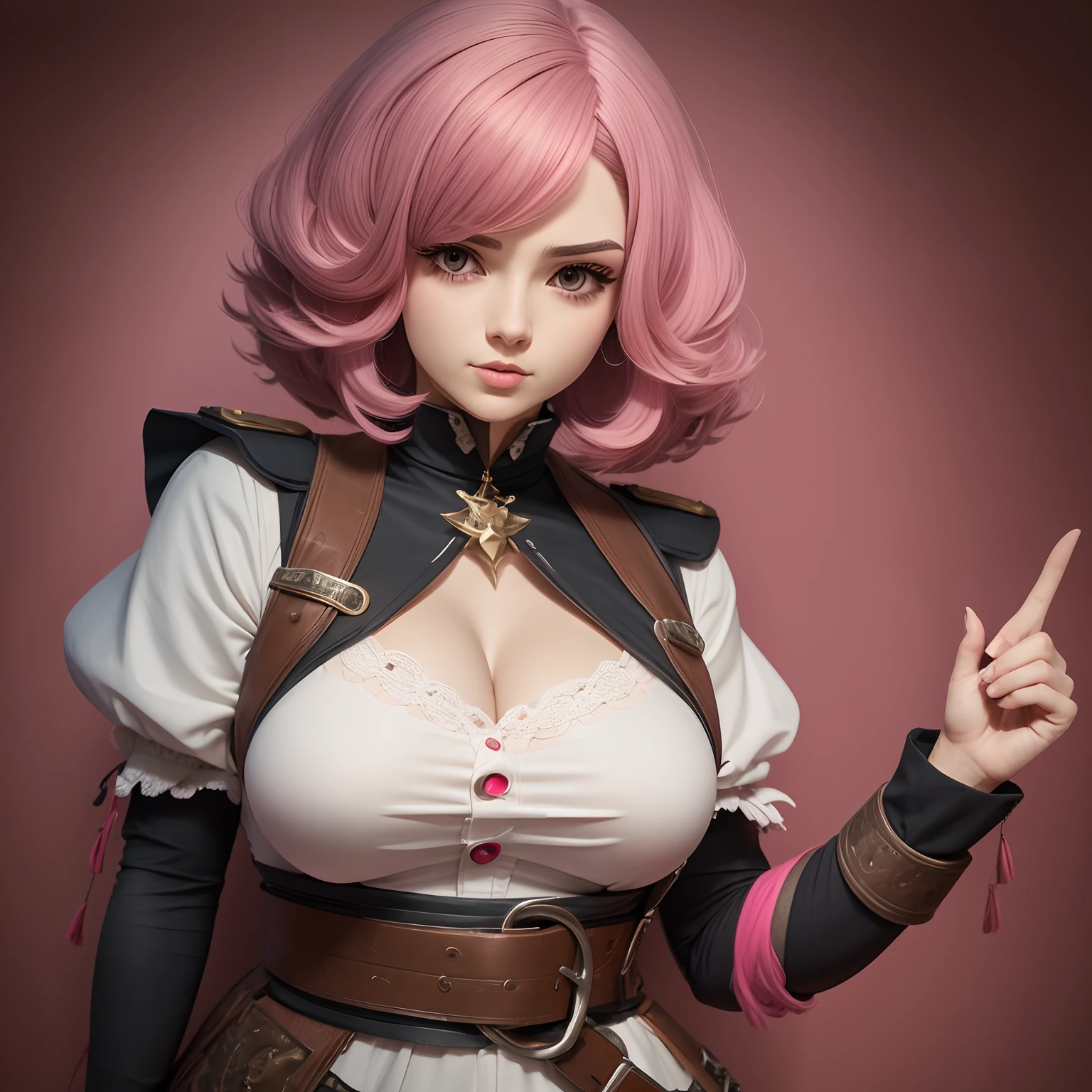 Una waifu con el pelo rosa y corto con grandes pechos mostrandolos en falda corta que se vean sus bragas con lindas axilas