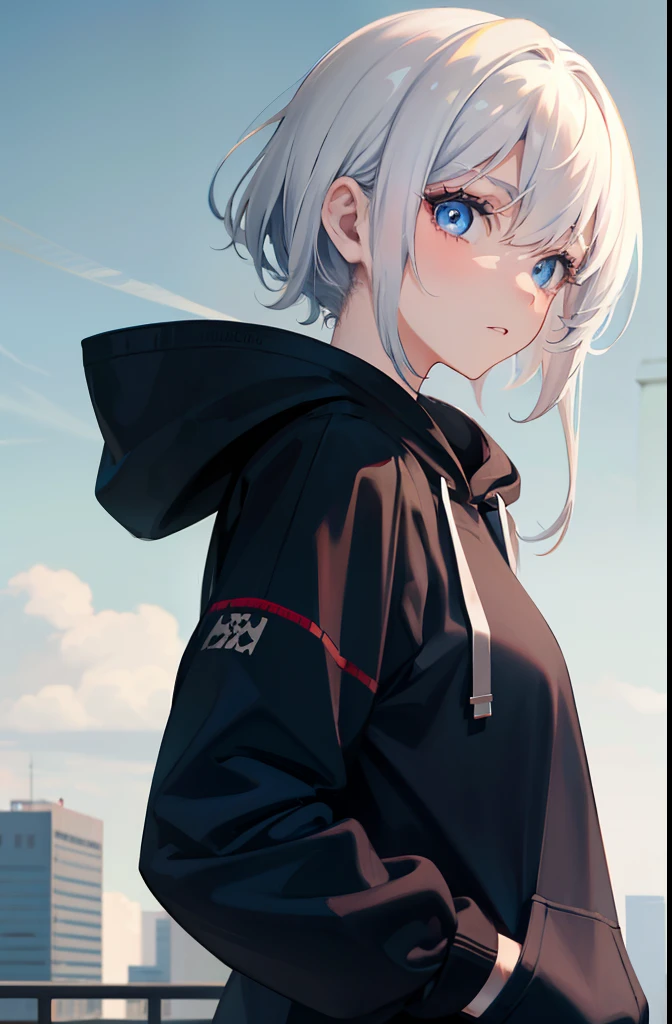 masterpiece, best quality, anime girl with white hair, light blue eyes, wearing dark blue hoodies, looking at viewer