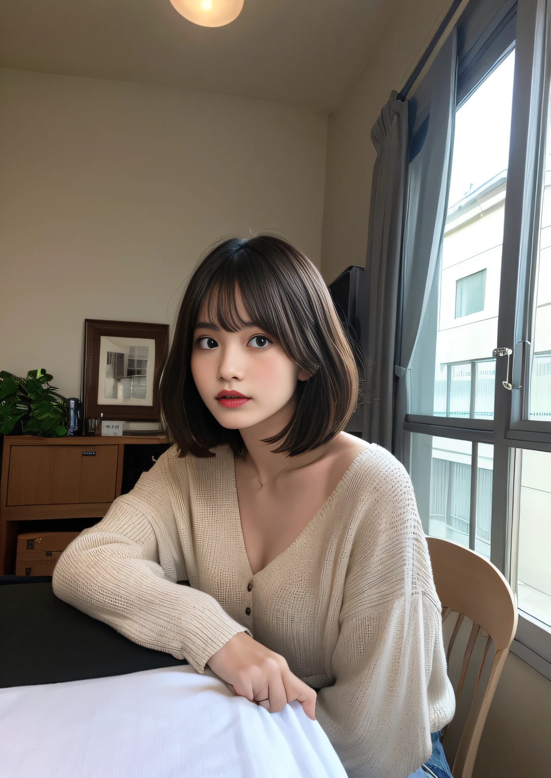 finely detail, hight resolution, hightquality、Perfect dynamic composition, Beautiful detailed eyes, Bob Layer Cut、frombelow、Gaze、From below、From below、sit a chair、long legged、despise、Natural Color Lip, 25-years old、1 persons、Transparent skin、Glowing hair、Bedroom、inside in room、You can see the veranda from the window、it is raining、Fashionable clothes、Shibuya、Gelato Pique、room wear、Fashionable、beauty legs、Futomo、Shake your head、glares、irritation、irate