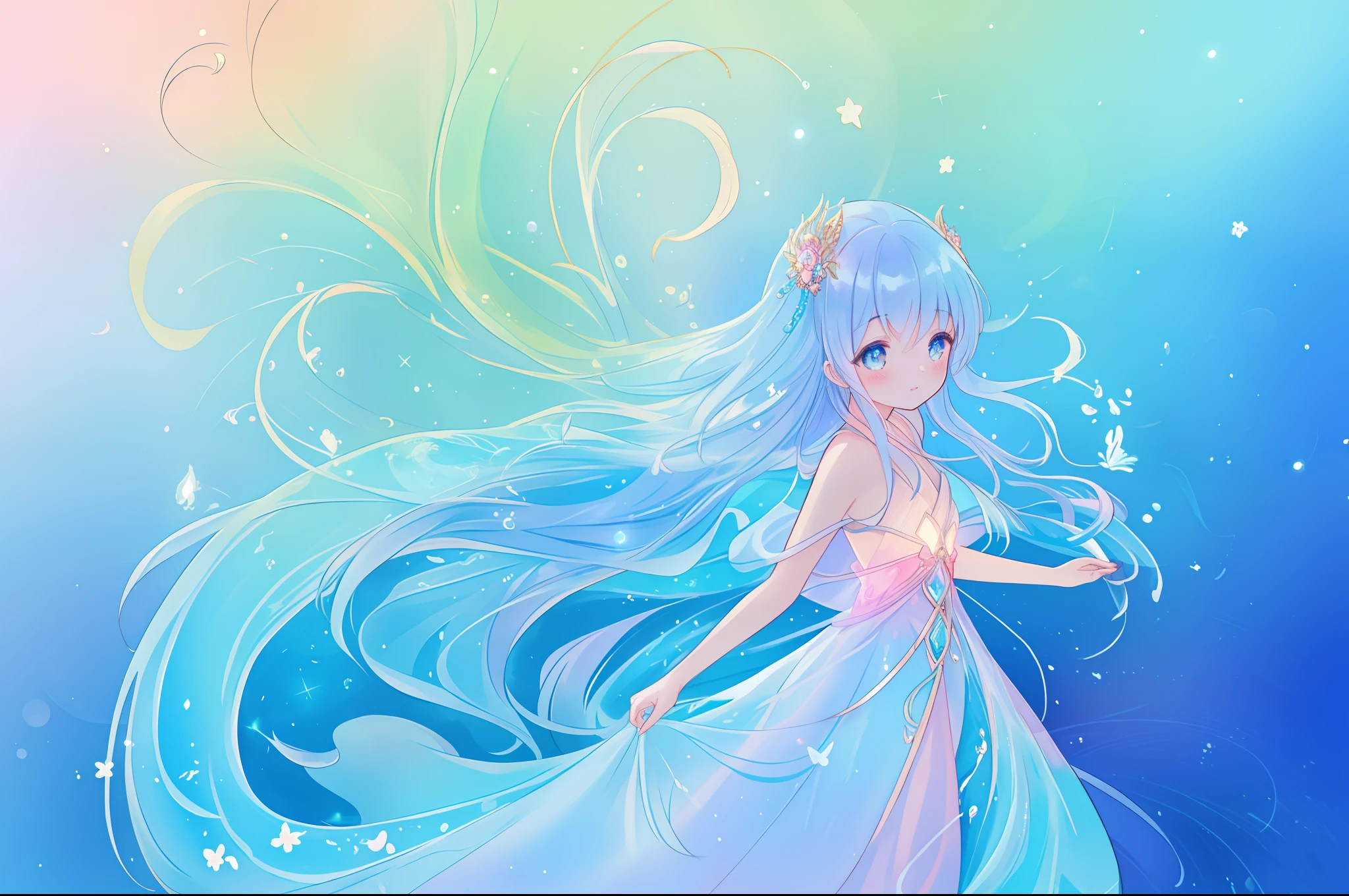 beautiful anime girl in colorful multi-layered ballgown, flowing liquid lines of light, magical water, vibrant pastel colors, (colorful), magical lights, sparkling lines of light, inspired by Glen Keane, inspired by Lois van Baarle, disney art style, by Lois van Baarle, glowing aura around her, by Glen Keane, jen bartel, glowing lights! digital painting, flowing glowing hair, glowing flowing hair, beautiful digital illustration, fantasia background, whimsical, magical, fantasy, beautiful face, ((masterpiece, best quality)), intricate details, highly detailed, sharp focus, 8k resolution, sparkling detailed eyes, liquid watercolor
