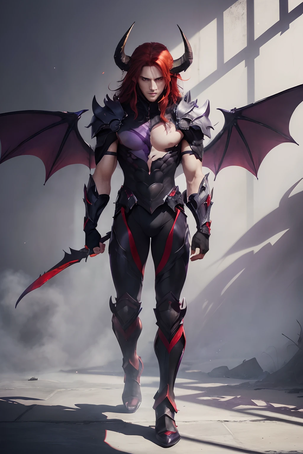 (shadows),(dark mist background),(purple mist),(masterpiece), (work of art), (amazing work), (detailed eyes), (delicate skin), (red eyes), (multicolored), (red hair ), (sparkling eyes), (1man),best quality, full body, expressive eyes, perfect face,shadow armor, muscular, hot, Man,thin, shadow bat wings, horns,dark, shadows