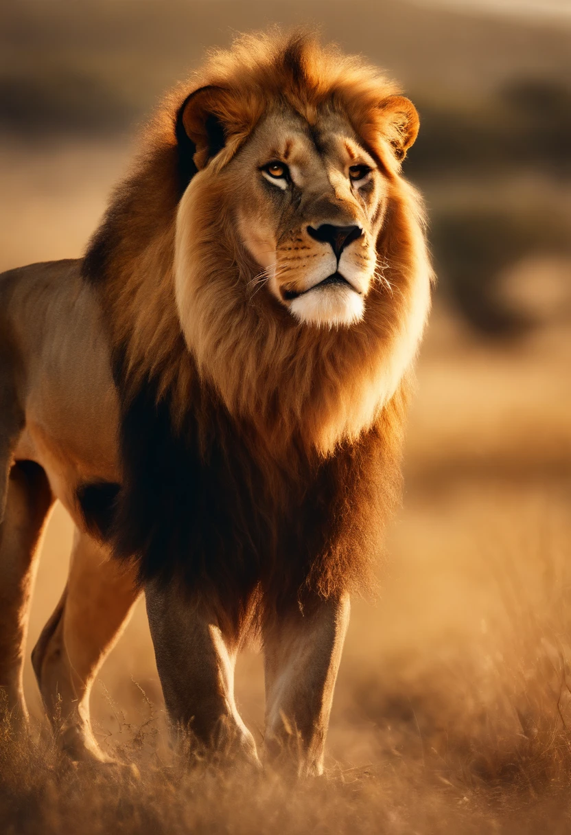 Create a Leo illustration, The Brave Lion, the main character of the story. Draw a young and friendly lion with a golden mane, Standing on the African savannah with a determined look