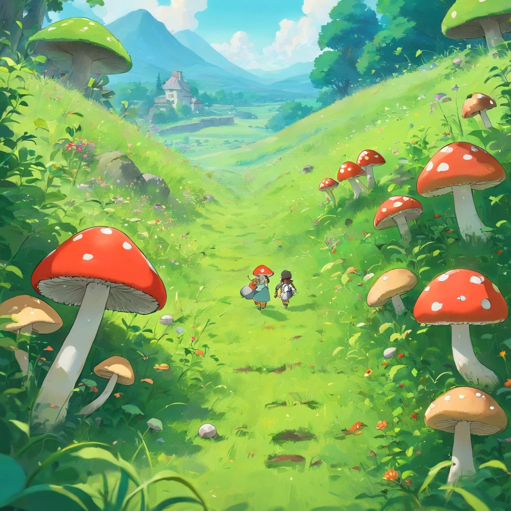 The green meadows are covered with mushrooms,Little ants crawling on the blur