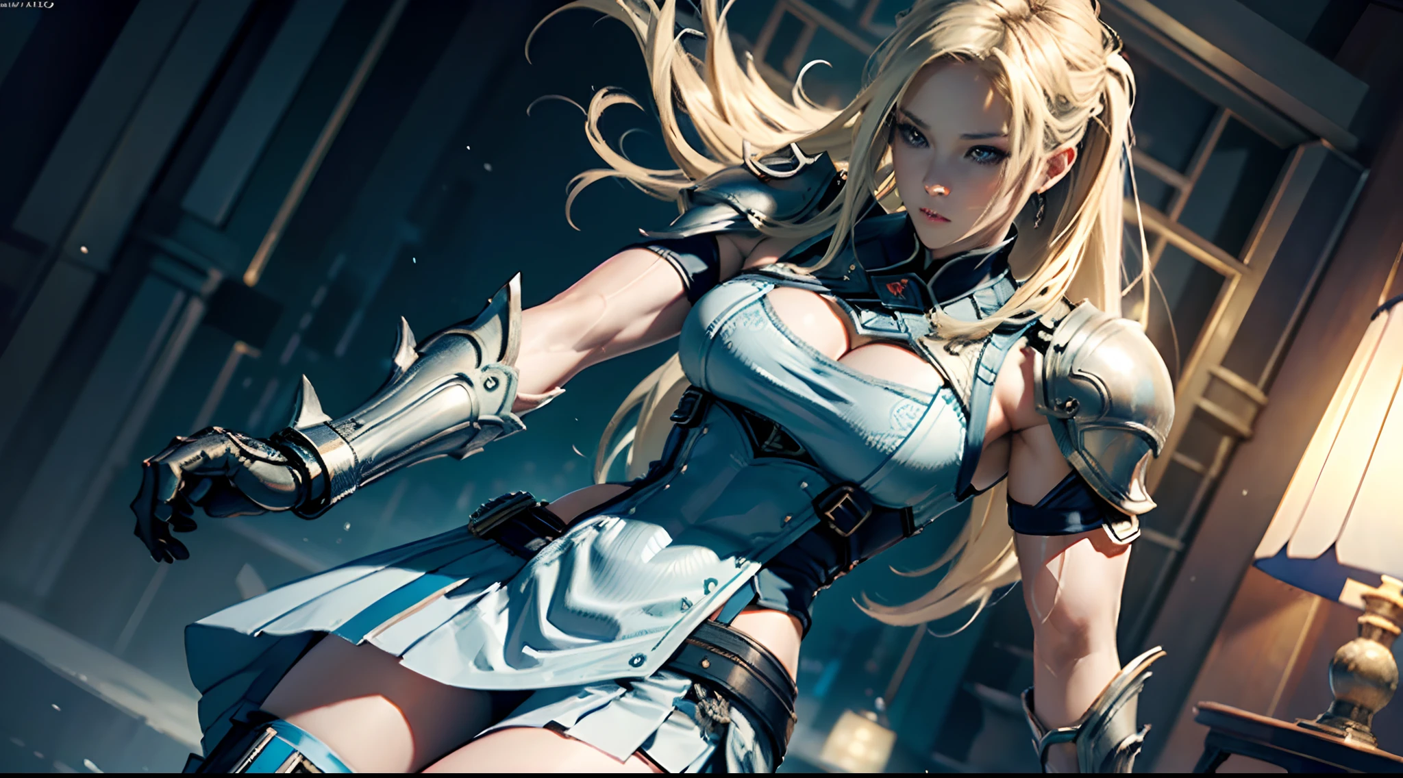 Full body, a detailed 21 year old bodybuilder superhero Avril Lavigne alone, wearing white and blue tech armor that shows her chest and arms and abs and has a miniskirt with knee-high boots and the armor has a lot of small lights, detailed face, blonde hair made of electricity, thick arms and legs muscles, perky glutes, side pose, looking at us, modern Korean atmosphere, sharp focus, photo lighting, intricately detailed art, fantastical, beautifully color graded, Unreal Engine, splash screen, complementary colors, fantasy concept art, 16k resolution, digital art, heavy strokes, (waifu, anime, exceptional, best aesthetic, new, newest, best quality, masterpiece, extremely detailed:1.2), 3d render, cgi, symmetrical, octane render, 35mm, bokeh, (intricate details:1.12), hdr, (intricate details, hyperdetailed:1.15)