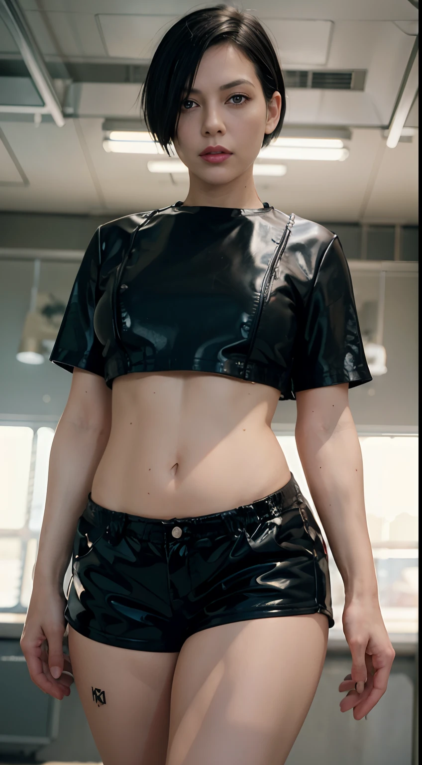 40 years old, woman, (nsfw:1.3), masterpiece, best quality, 1girl, tomboy, black hair, short hair, inverted bob, hair over one eye, thick lips, red eyes, closed mouth, long eyelash, walking, , veins, latex crop top, latex shorts, Fujifilm XT3 professional photograph,
best quality, detailed