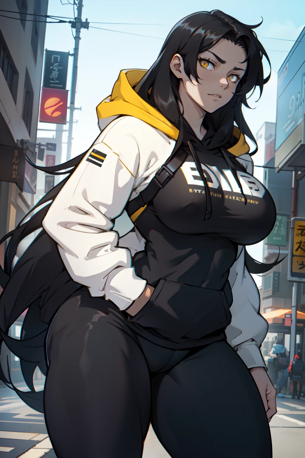1girl ((muscular large breasts thick thighs)) pale skin black hair very long hair yellow eyes over-sized hoodie leggings standing
