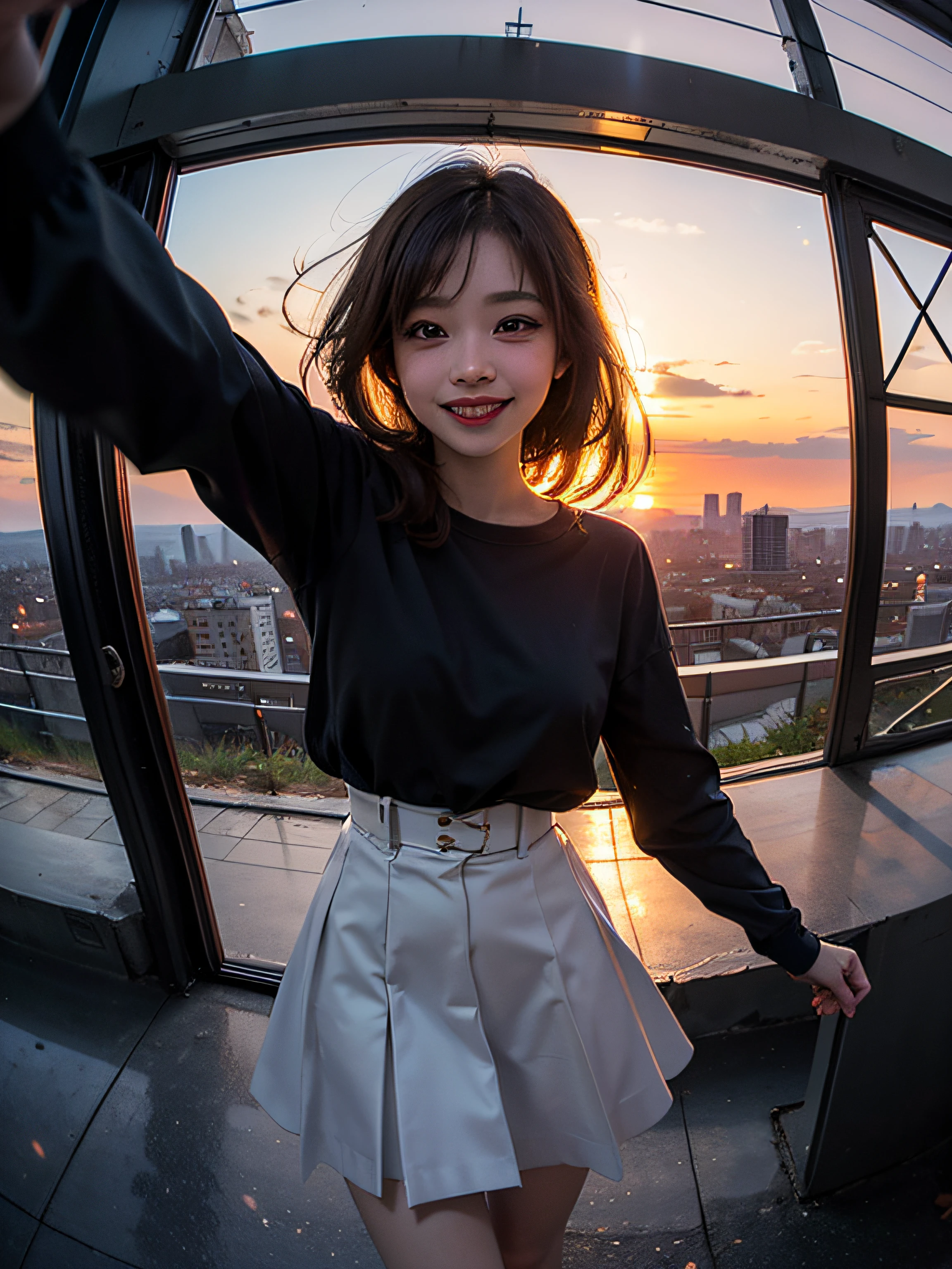 1 Punk girl, fish eye, self-shot, Wind, Messy hair, Sunset, Cityscape, (Aesthetics and atmosphere:1.2),Smiling