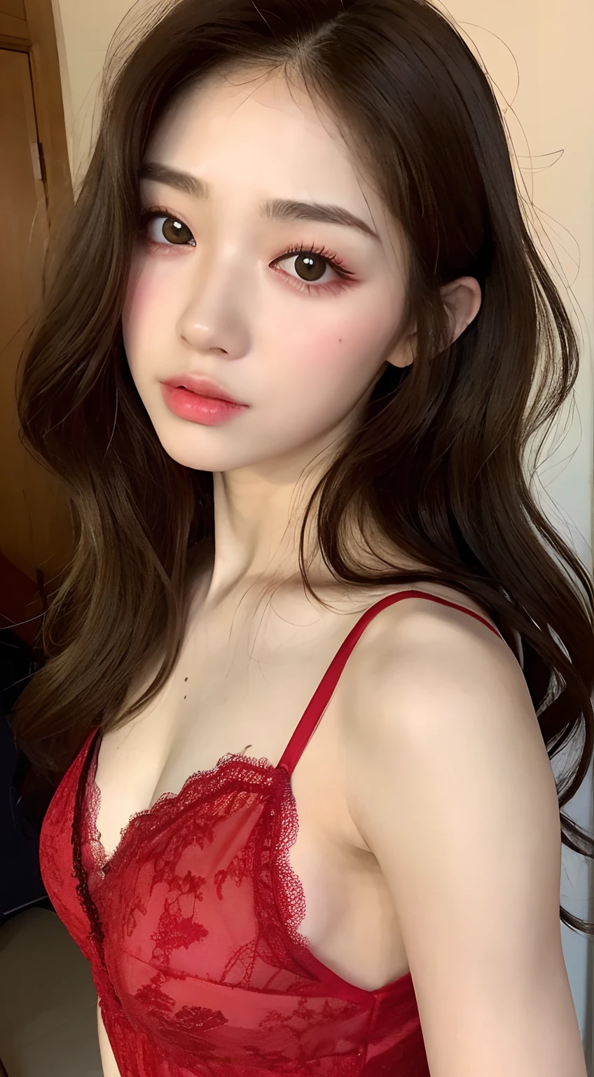 ((Top Quality, 16k, Masterpiece: 1.3)), Sharp Focus: 1.2, Beautiful Women with Perfect Figure: 1.4, Slender Abs: 1.2, ((Random Long Hair))) (((Long Wavy Hair)), ((Small: 1.4)), ((Red Babydoll Lingerie 1.5)), (Japanese-style Room), Highly Detailed Face and Skin Texture, Detailed Eyes, Double Eyelids, ((Pause)), ( Captivating))
