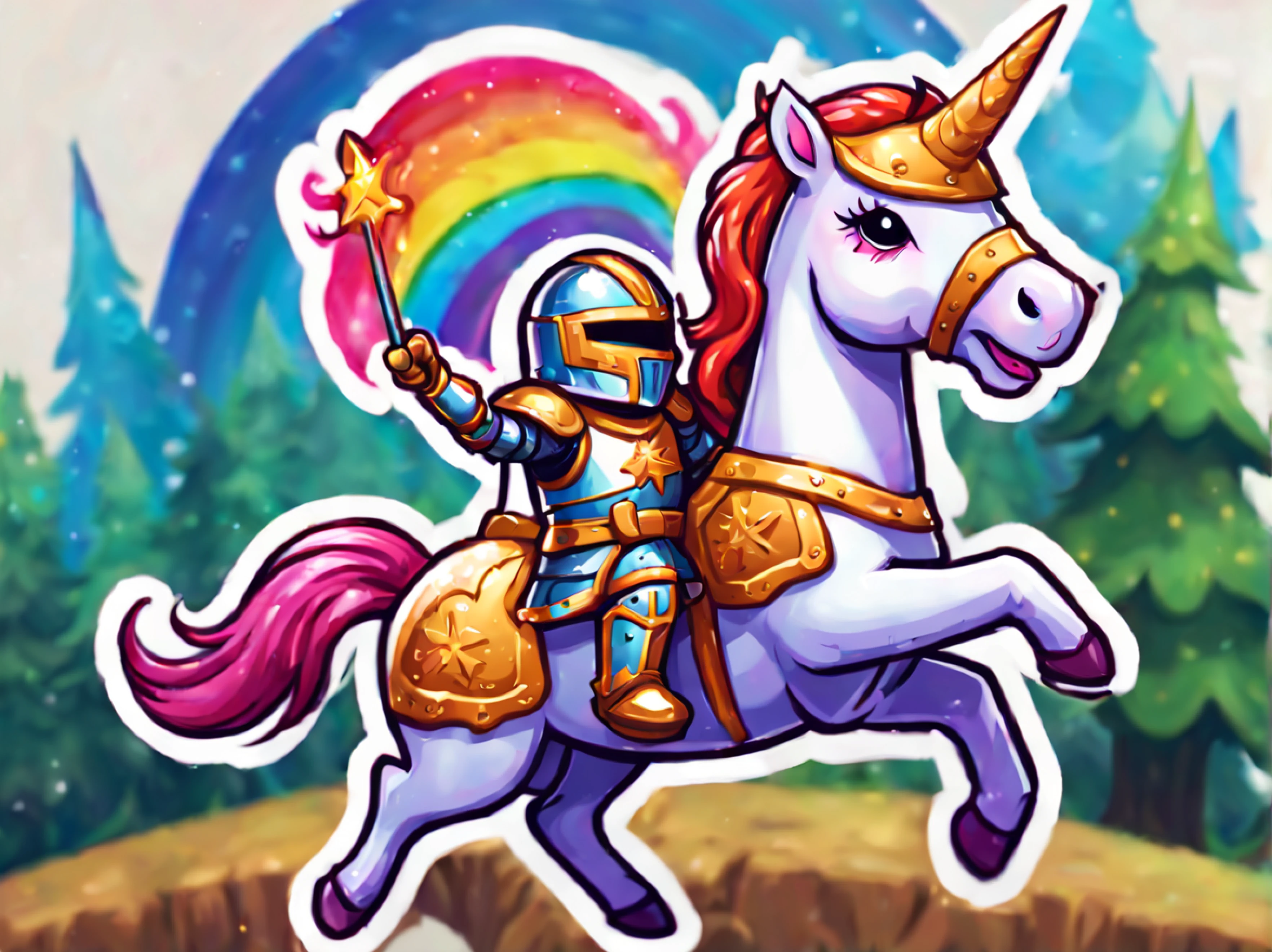 (colorful cartoon sticker), brave gingerbread man (wearing epic knight armor), (riding) a rearing unicorn (wearing shiny amulet), rainbow, stickers