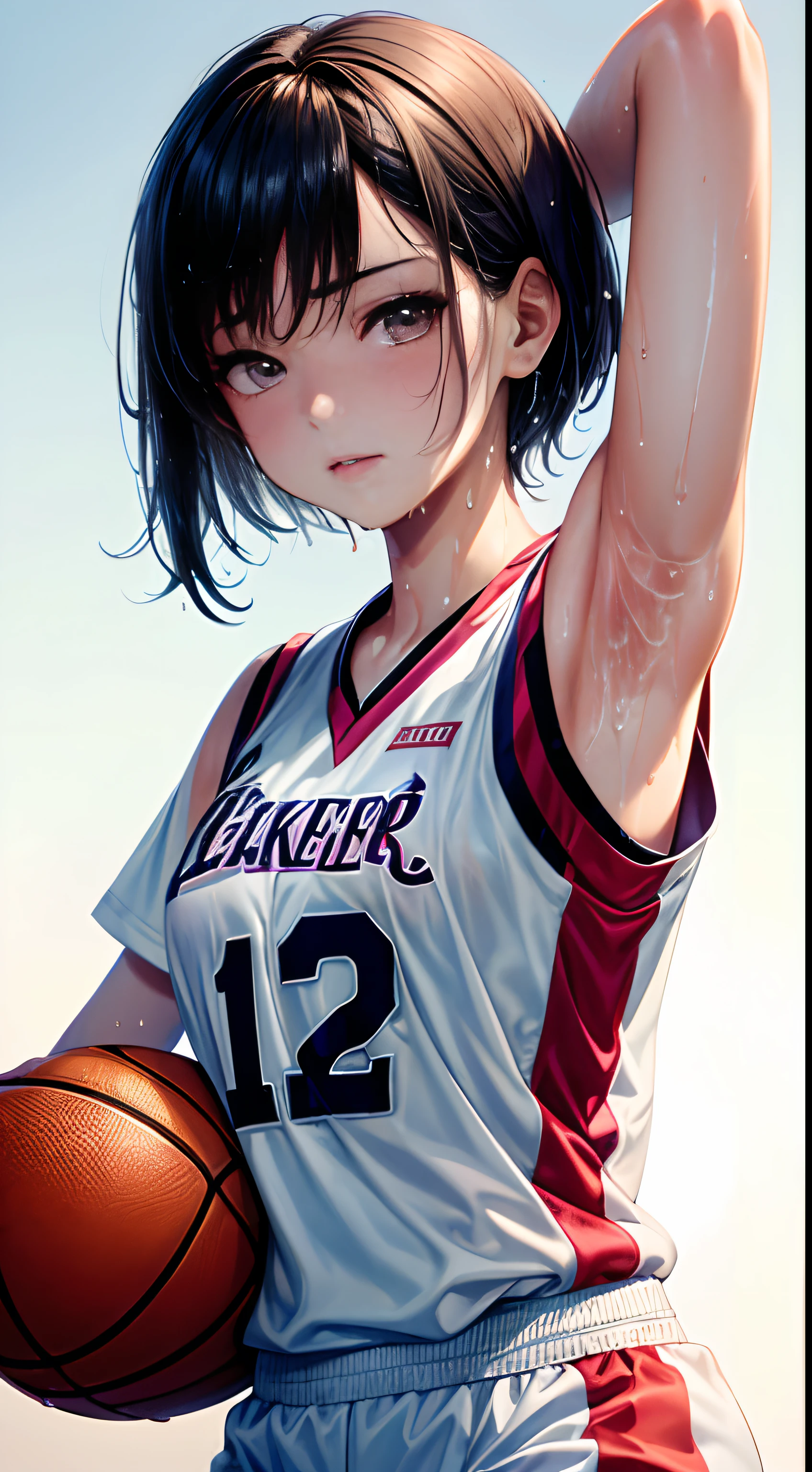 (​masterpiece,top-quality,超A high resolution),A Japanese Lady, (((Very beautiful  girl))), Kawaii Girl、View photographer､Front view,  ((Shorthair)), hyper cute face, Glossy lips, Double eyelids in both eyes,natural smile、 Natural makeup, long eyelashes, Glossy and smooth hair quality､central image,  Perfect limbs, Perfect Anatomy,(((Basketball Uniforms)))、((())),(((Wet with sweat))),A bra can be seen from the side of the uniform,