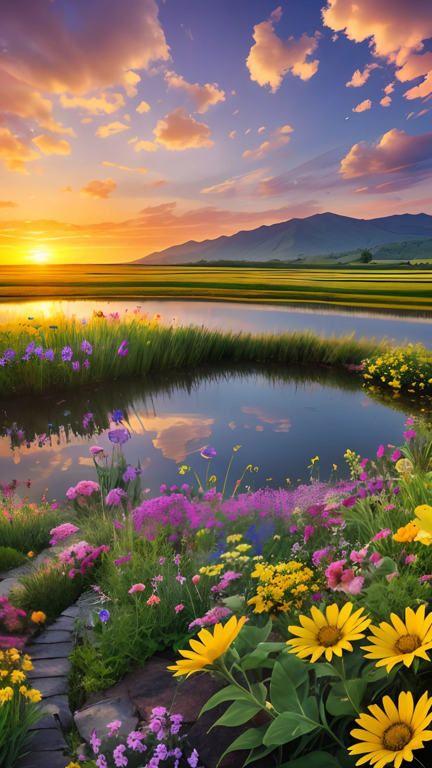 "Create an image inspired by nature, with flowers, butterflies and a sunset."