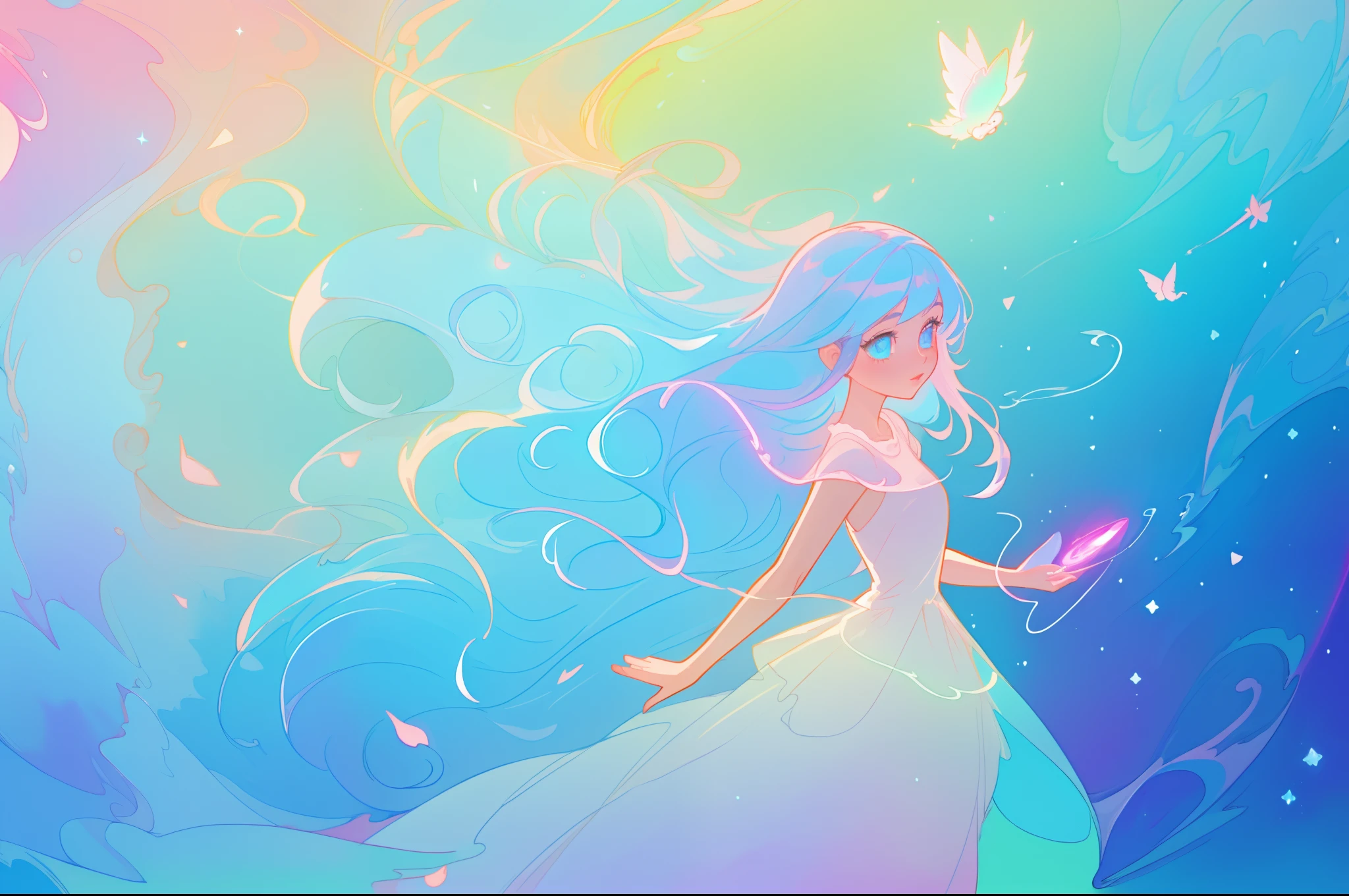 beautiful anime girl in colorful multi-layered ballgown, flowing liquid lines of light, magical water, vibrant pastel colors, (colorful), magical lights, sparkling lines of light, inspired by Glen Keane, inspired by Lois van Baarle, disney art style, by Lois van Baarle, glowing aura around her, by Glen Keane, jen bartel, glowing lights! digital painting, flowing glowing hair, glowing flowing hair, beautiful digital illustration, fantasia background, whimsical, magical, fantasy, beautiful face, ((masterpiece, best quality)), intricate details, highly detailed, sharp focus, 8k resolution, sparkling detailed eyes, liquid watercolor