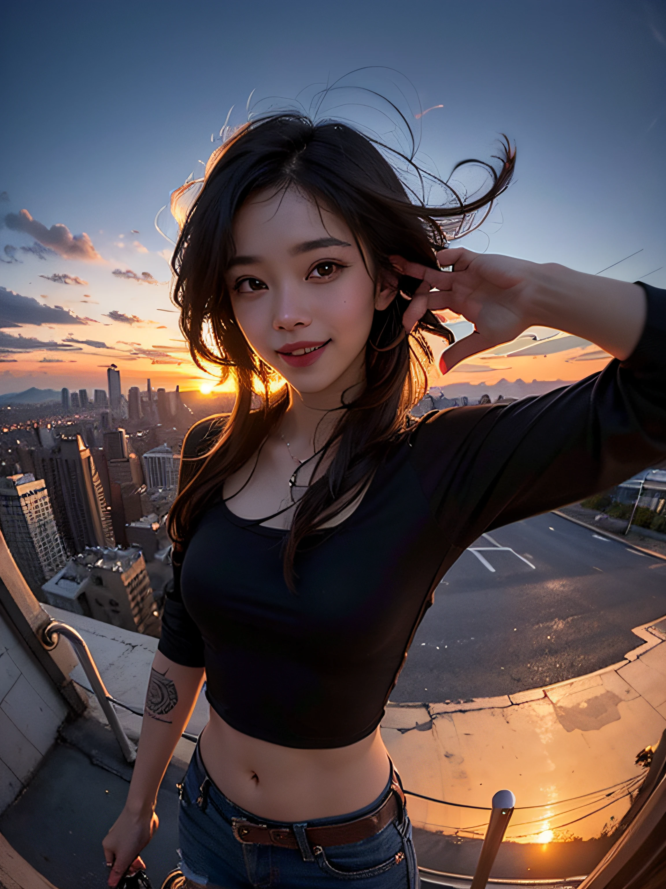 1 Punk girl, fish eye, self-shot, Wind, Messy hair, Sunset, Cityscape, (Aesthetics and atmosphere:1.2),Smiling