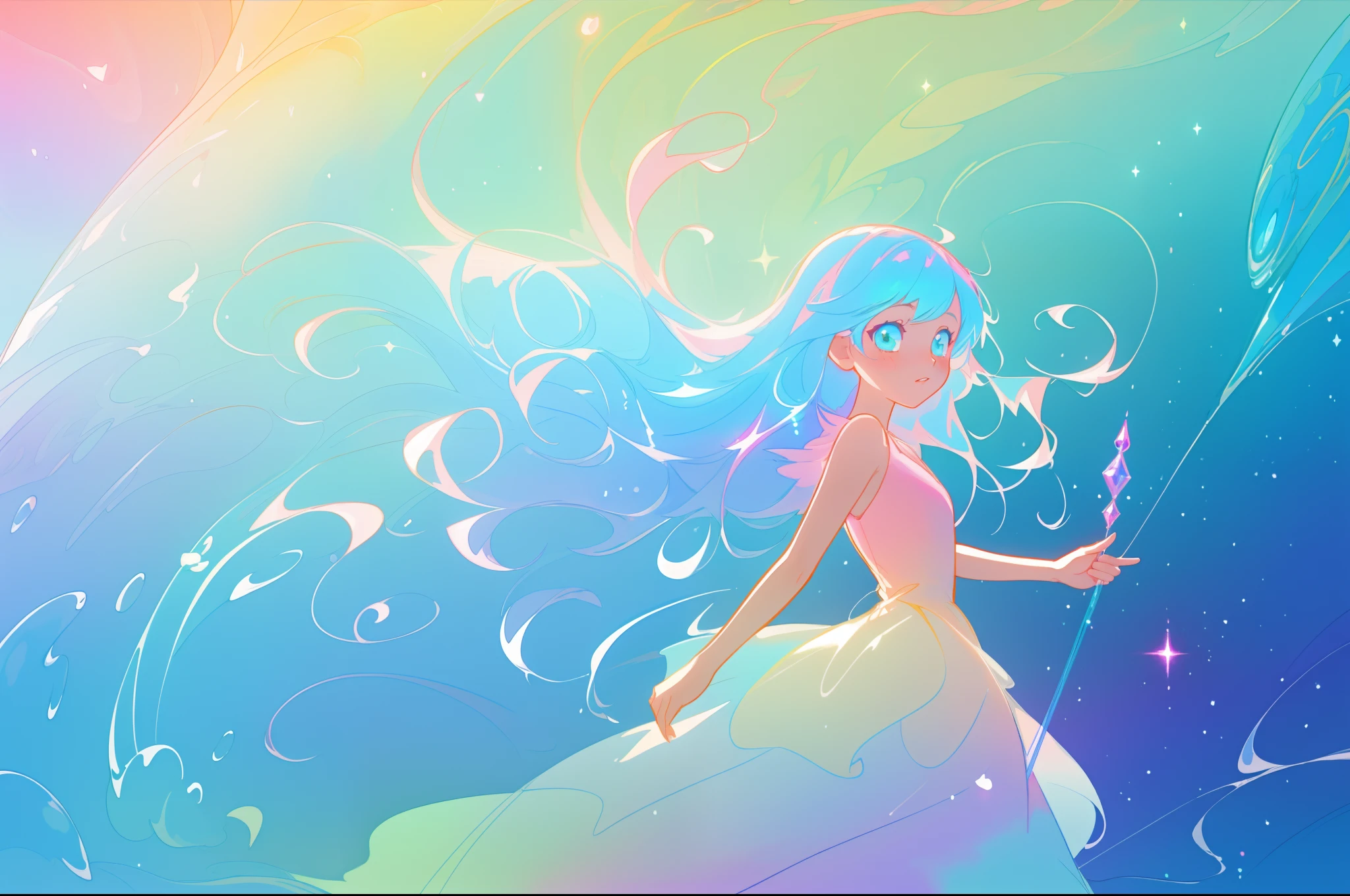 beautiful anime girl in colorful multi-layered ballgown, flowing liquid lines of light, magical water, vibrant pastel colors, (colorful), magical lights, sparkling lines of light, inspired by Glen Keane, inspired by Lois van Baarle, disney art style, by Lois van Baarle, glowing aura around her, by Glen Keane, jen bartel, glowing lights! digital painting, flowing glowing hair, glowing flowing hair, beautiful digital illustration, fantasia background, whimsical, magical, fantasy, beautiful face, ((masterpiece, best quality)), intricate details, highly detailed, sharp focus, 8k resolution, sparkling detailed eyes, liquid watercolor