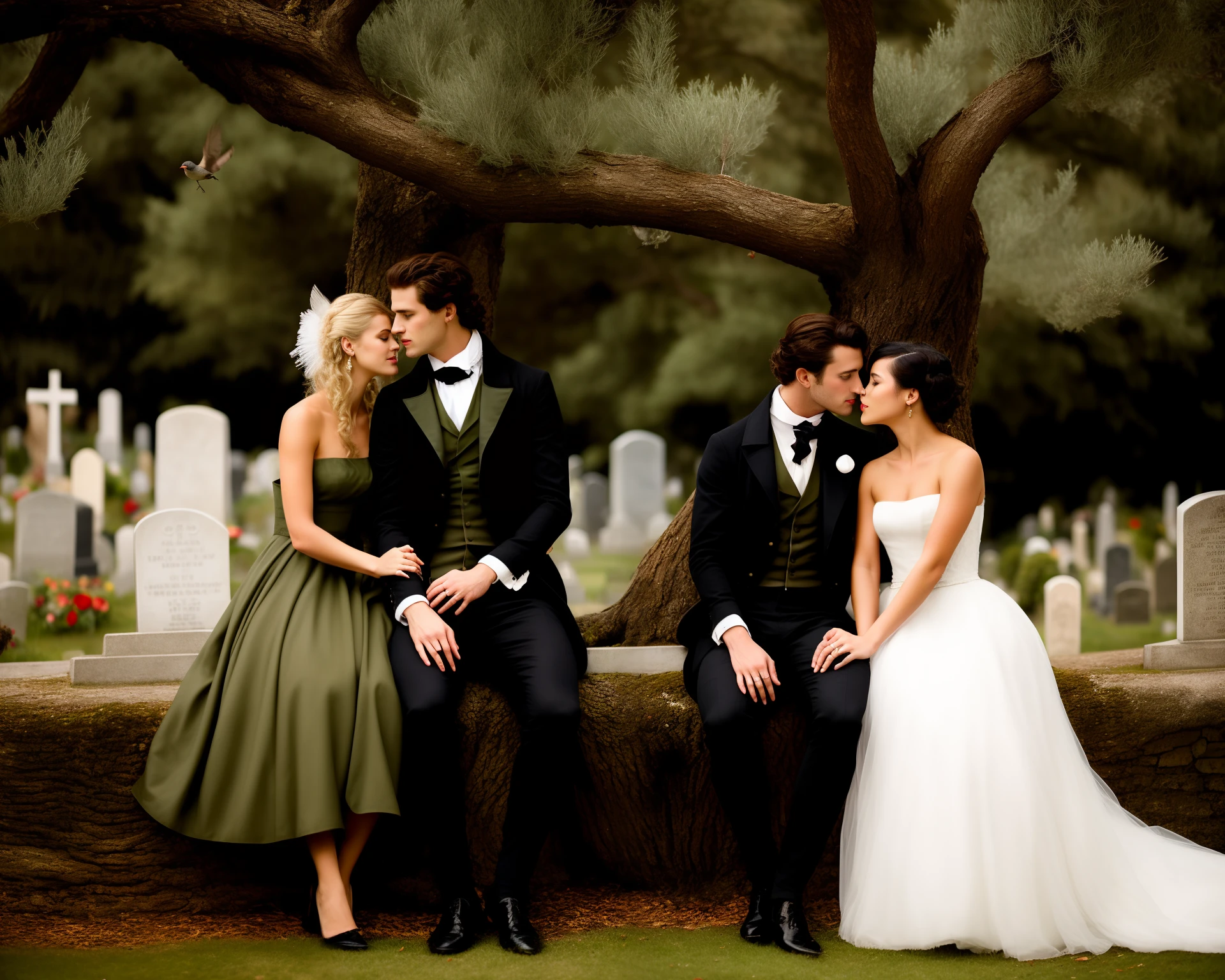 A young couple sit beneath a tree in a cemetery the woman has blonde hair and blue eyes. She wears a black regency era dress and a black bonnet with a bird on it. The man wears an olive green regency era suit. There is a cello leaned against the tree they sit under