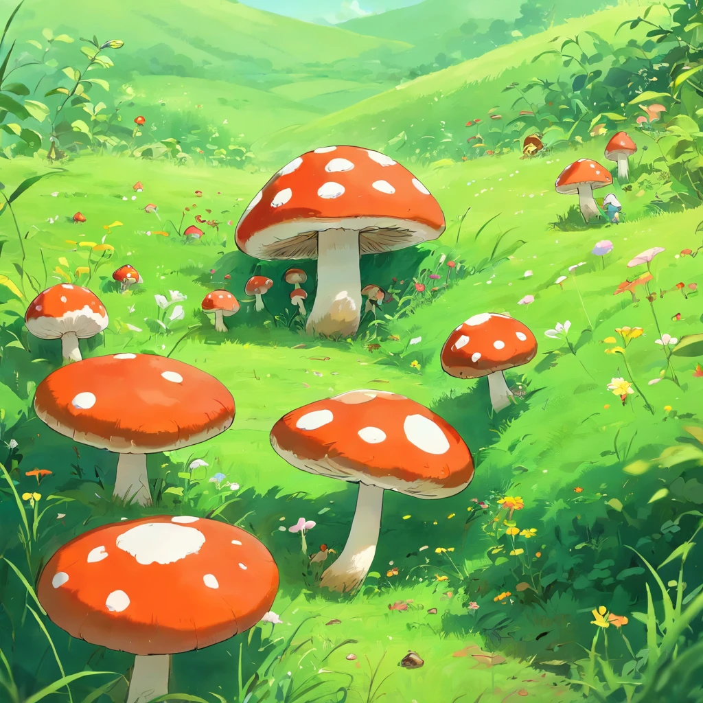 The flat green meadows are covered with mushrooms,Little ants crawling on the blur