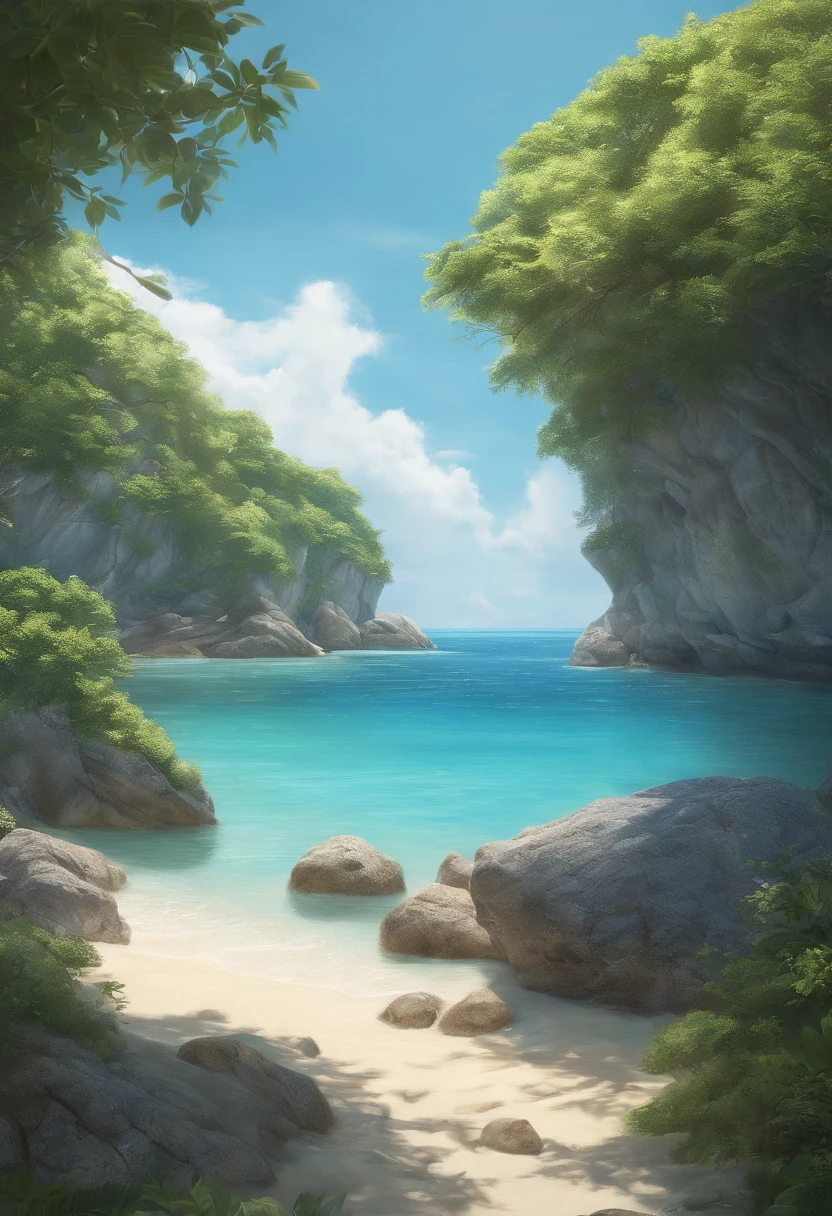 landscape, Summer, Blue sky, Okinawa, Private beach, cove, Sea, unmanned, beach, No Man, Hot weather, Sun, high definition detail, Ultra detail, film, hyper photorealism, Soft light, Deep focus bokeh, Ray tracing, Gwise on Art Station Pixiv, Makoto Shinkai, Art germ