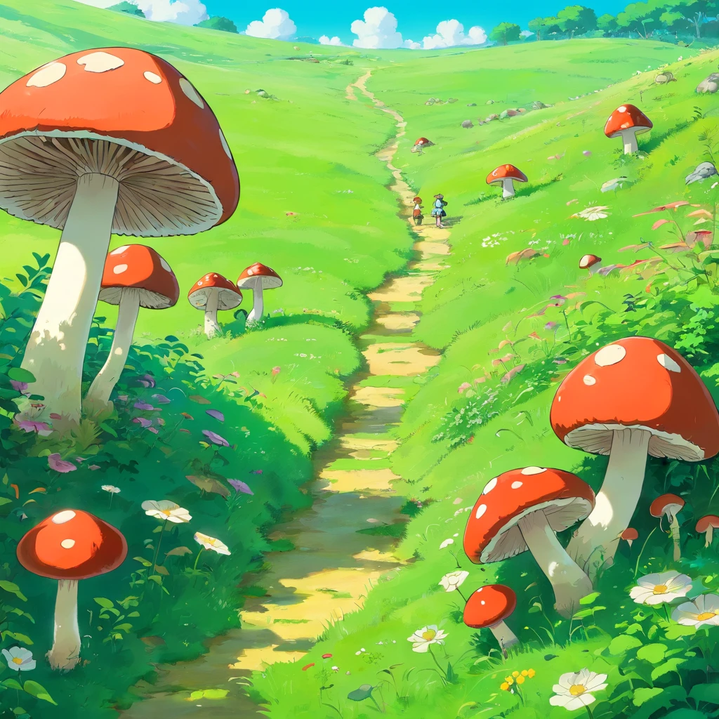 The flat green meadows are covered with mushrooms
