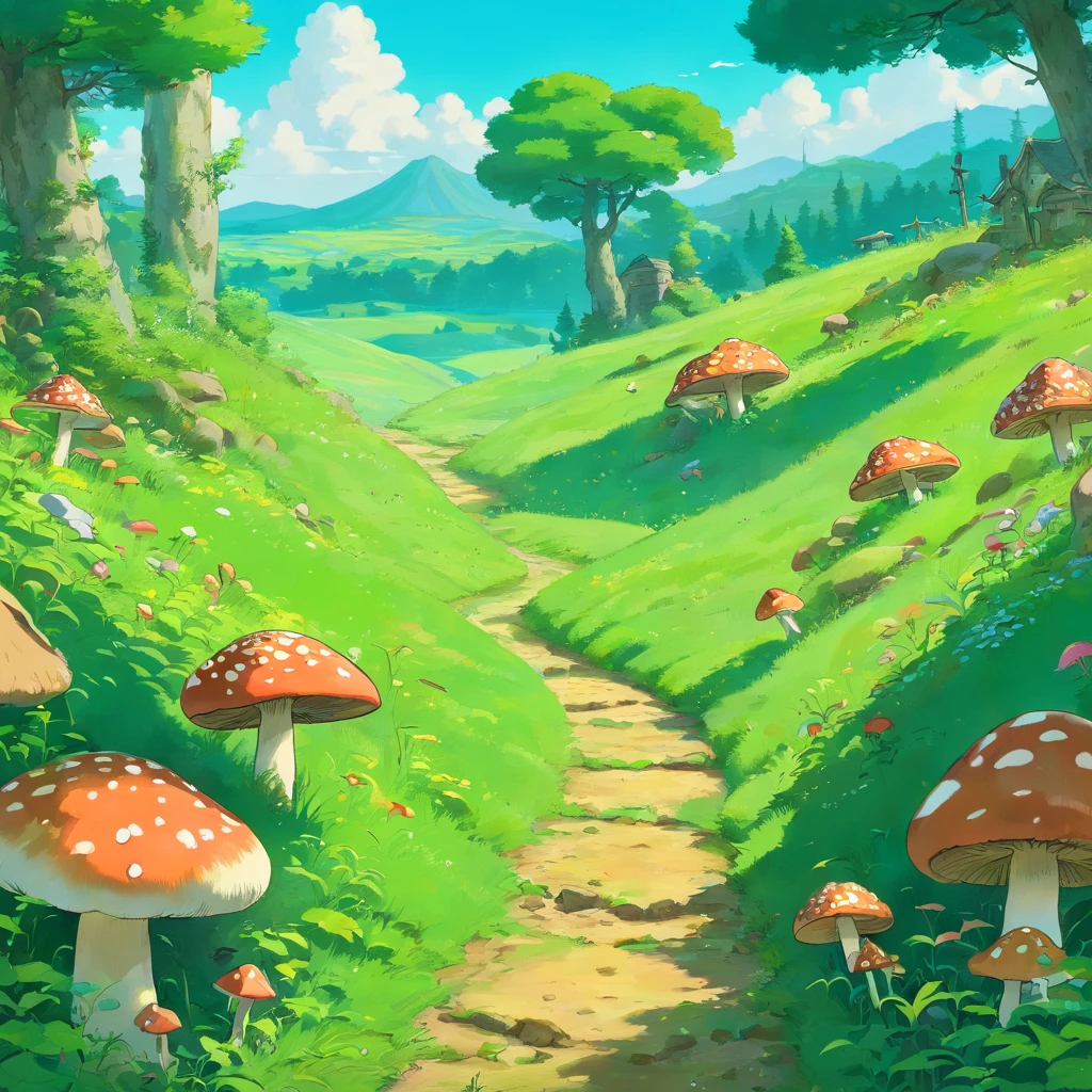 The flat green meadows are covered with mushrooms