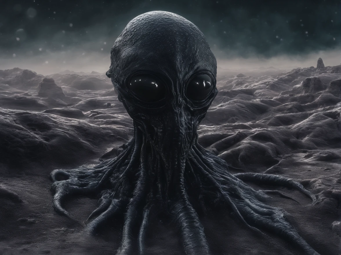 slimy mucus covered round black meteoroid in foggy volumetric alien tentacle landscape