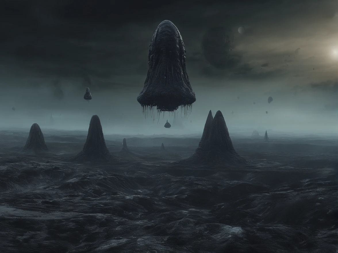slimy mucus covered round black meteoroid in foggy volumetric alien tentacle landscape