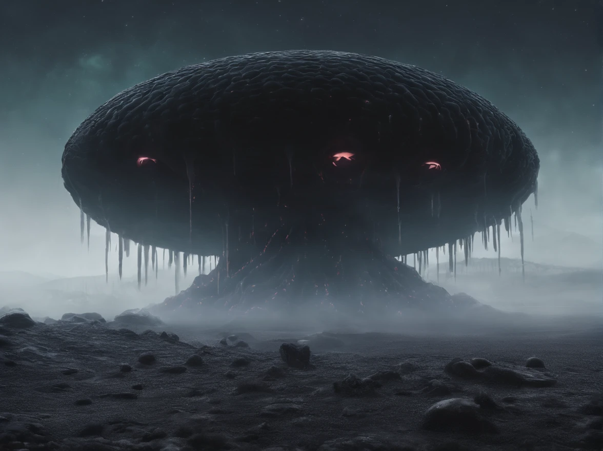 slimy mucus covered round black meteoroid in foggy volumetric alien tentacle landscape