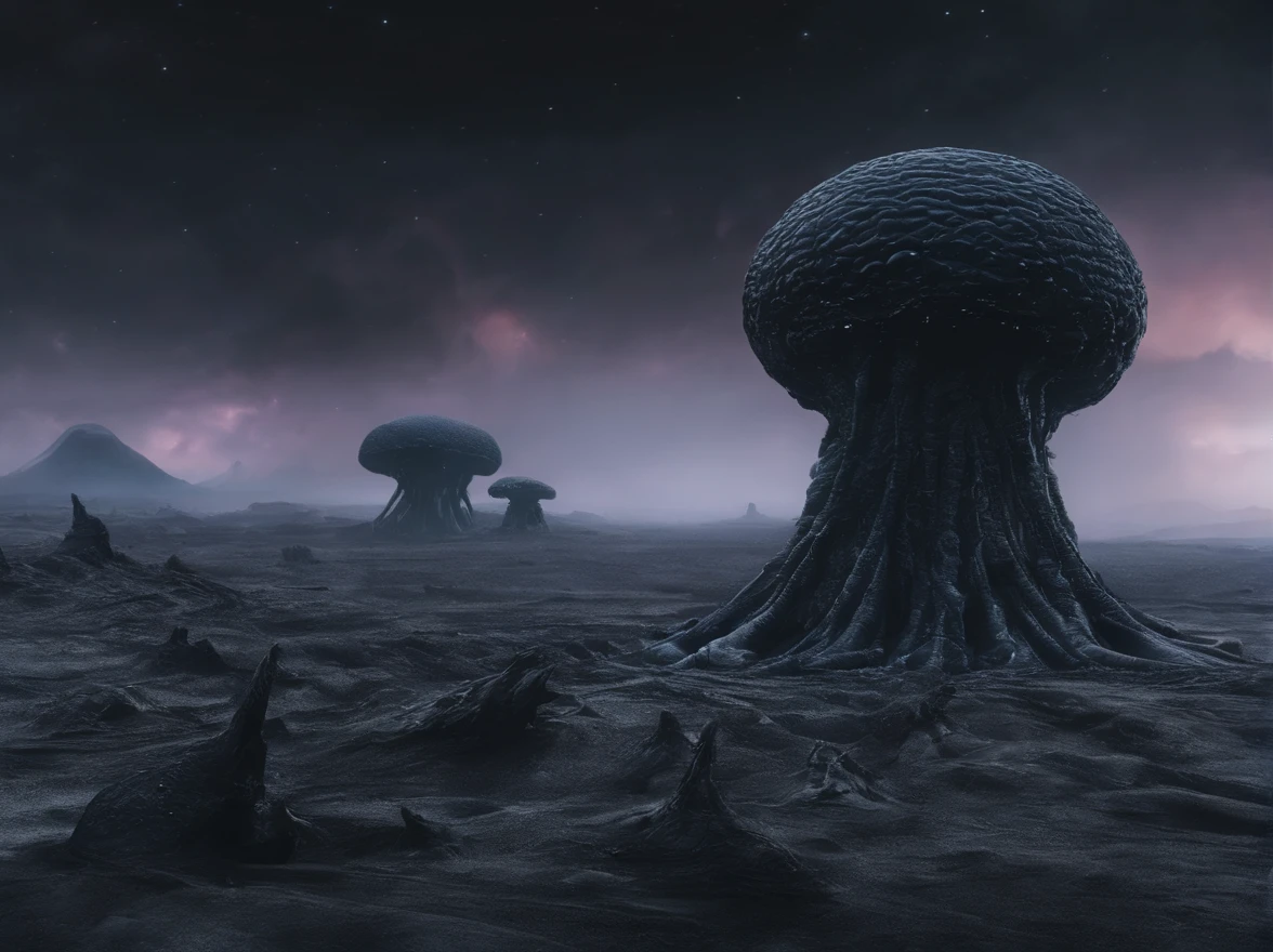 slimy mucus covered round black meteoroid in foggy volumetric alien tentacle landscape