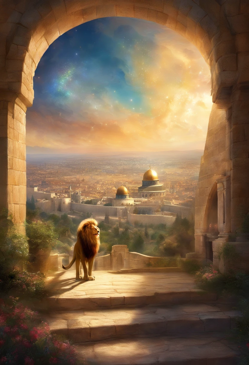 make a picture of the landscape of Jerusalem, in sky, the Star of David and the lion of the tribe of Judah;. em alta qualidade --auto --s2