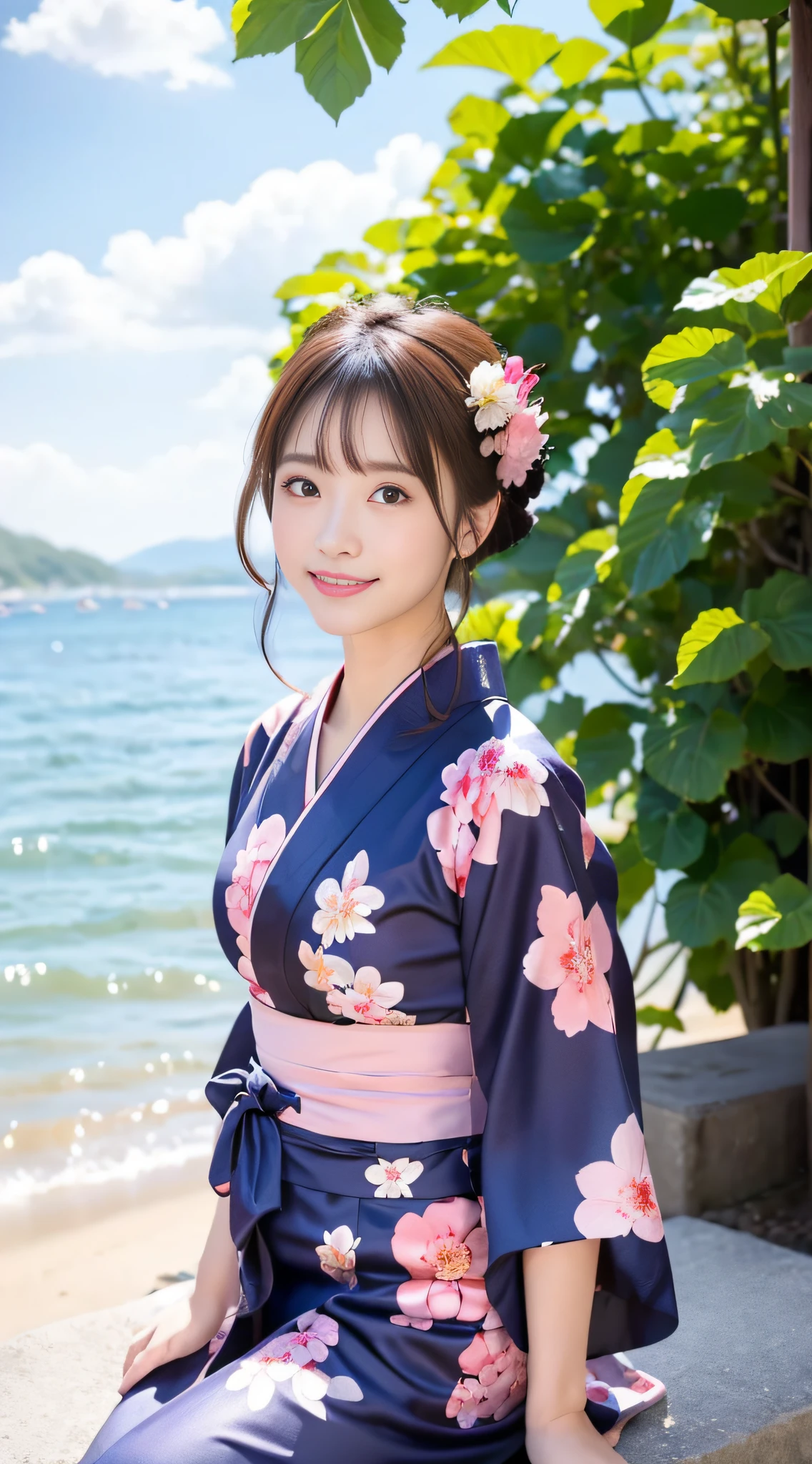(masutepiece,Best Quality, High quality, Highest image quality score: 1.3), (Sharp image quality), Perfect beauty: 1.5, ,A dark-haired, (Light pink yukata), One, (floral pattern yukata), Red hairpiece, a beauty girl, Cute,、A detailed face、Futae eyelid、, Very beautiful scenery, ((Beautiful yukata)), Summer in Japan、One lady、Daytime Ocean View、((shrines))、white clouds、 (The most stunning views)、Blue Sea、perfectly proportions、clear stream、
