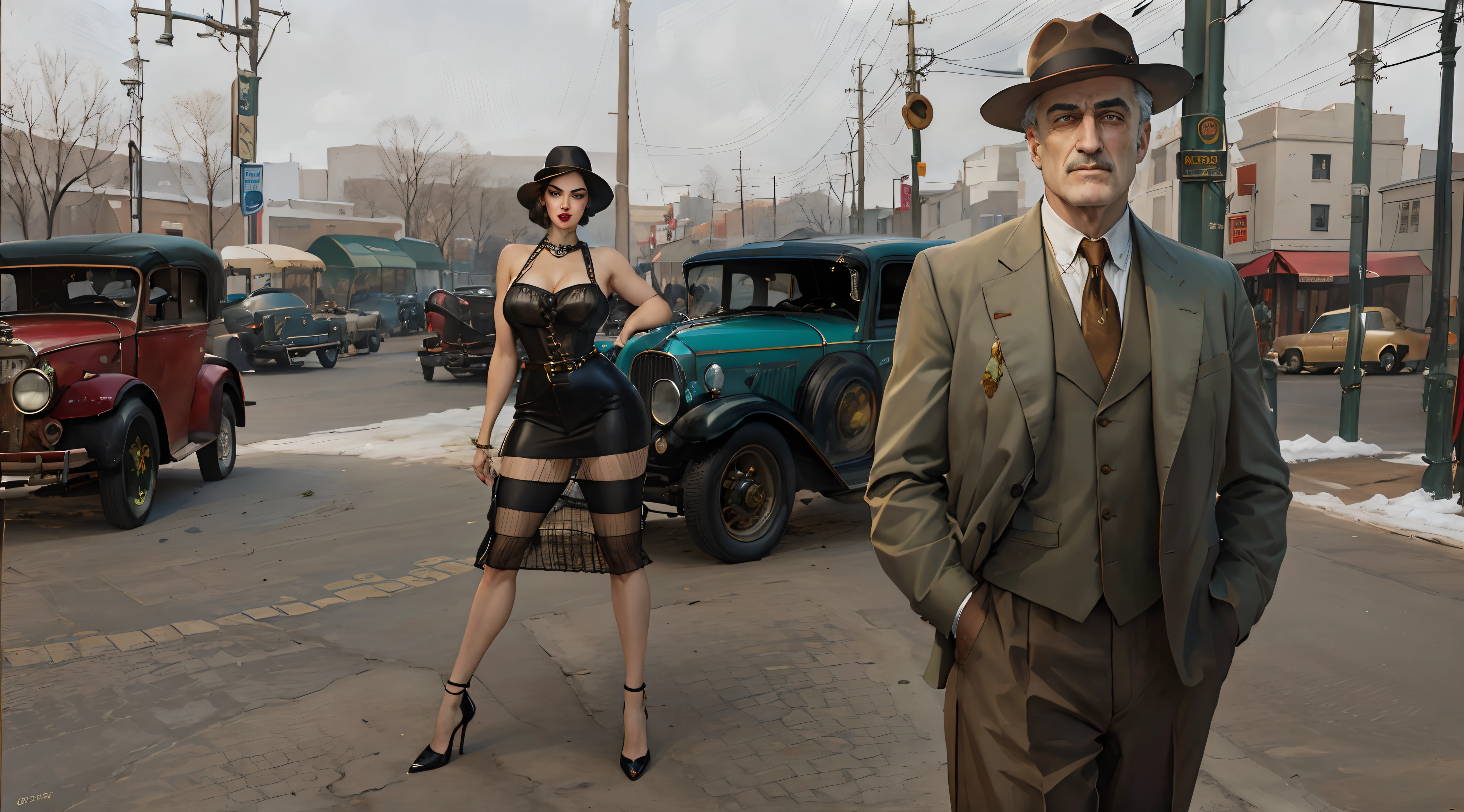 there is a man Roberto De Niro and woman (Adriana Lima :1.1) red lips,  green eyes,  standing in a street with old cars,  inspired by F. Scott Hess,  inspired by F Scott Hess,  inspired by Art Frahm,  by John La Gatta,  inspired by J.C. Leyendecker,  inspired by J. C. Leyendecker,  by Wayne England,  by Marshall Arisman