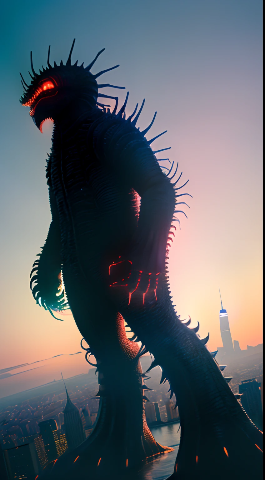 bizarre alien creature, giant kaiju creepie monster, surrealism, looming creature with a strong power, kaiju destroying new york, kaiju cephalopod monster, nanotech demonic monster horror, scary giant monster, bizarre alien creature, giant kaiju monster destroying city, high detail, photorealism, 4k