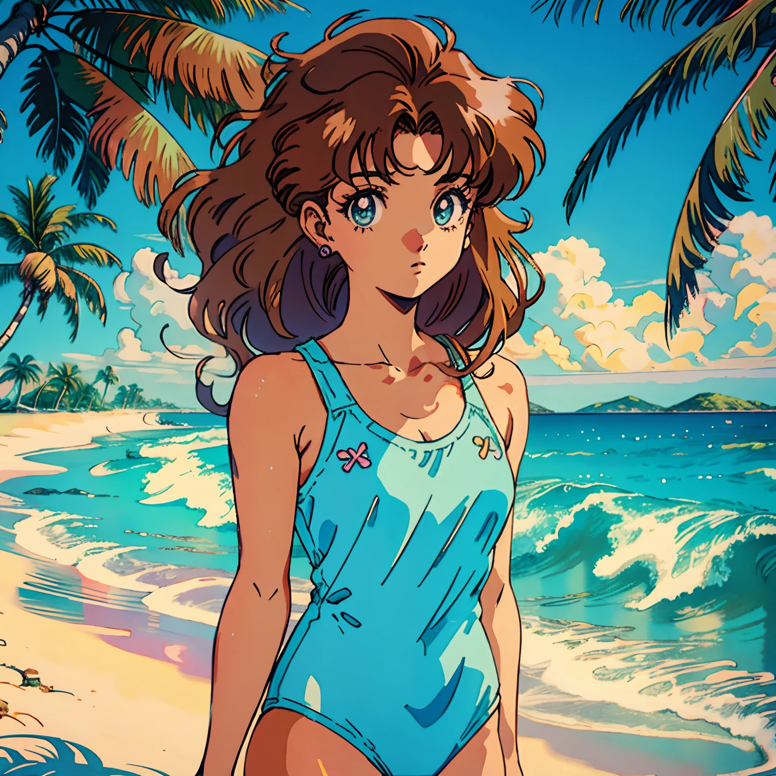 muted pastel colors，Soft picture，Retro anime, 1990s anime, 1980s anime, Retro anime，Retro anime style，Masterpiece, Best quality, 1girll, 独奏, seafoam eyes, tan skin, shoulder length brown hair，brown hair, medium hair, wavy hair, curly hair,  one piece swimsuit ，Simple background, summer vibes, summer, dark tan skin girl, tropical, aesthetic