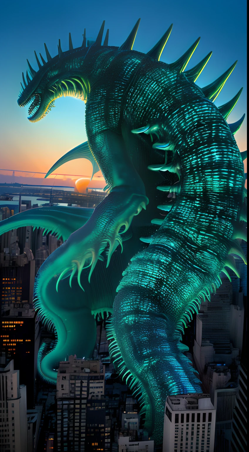 bizarre alien creature, giant kaiju creepie monster, surrealism, looming creature with a strong power, kaiju destroying new york, kaiju cephalopod monster, nanotech demonic monster horror, scary giant monster, bizarre alien creature, giant kaiju monster destroying city, high detail, photorealism, 4k