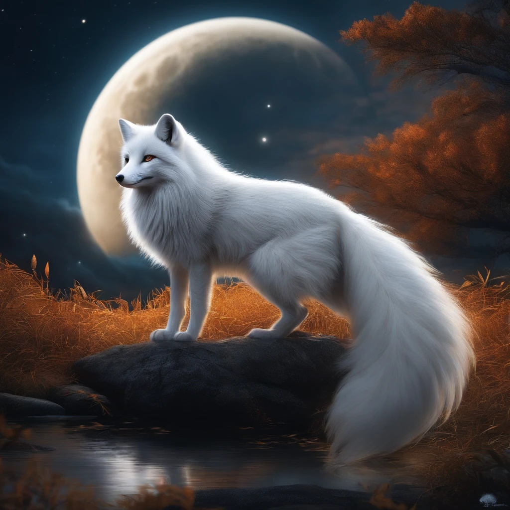 K HD,Mythical spirit beasts,Silver fox,Giant tailed fox,White Fleur,Looking at the moon、From between the ears of rice