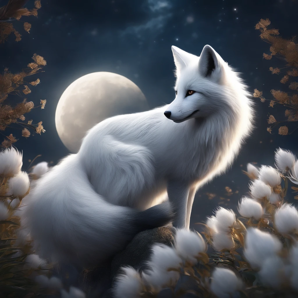 K HD，Mythical spirit beasts，Silver fox，Giant tailed fox，White Fleur，Looking at the moon、From between the ears of rice