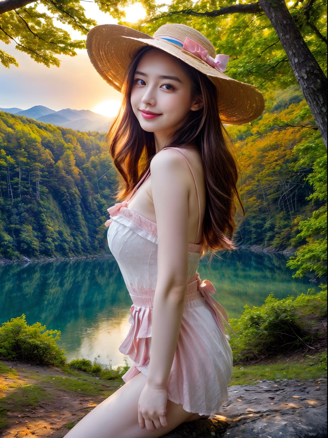 ((tmasterpiece:1.4, best qualtiy，Faraway view:1.4)), (ultra - detailed)+,(watercolor paiting:1.2),((Cute 1girl，Straw hat，blossoms，Light cyan hair，long whitr hair，Aqua blue eyes，Large breasts，Keep your mouth shut，Smiling,(Pink China Goddess Fashion:1.3),Shoulders exposed，Bow knot，Side angle)),Autumn landscape，The leaves are yellow，maple trees，eventide，riverbank，lake reflection，The sky is full of color，Orange-red sunset，The afterglow diverges，Big Mountain，Far Mountain，contours，Scenic beauty，(Warm light source:1.2), (the woods，Bare branches:1.2)（Very detailed CG unification，8k wallpaper），（The best picture quality），(illustratio：1.0）、intricately details, Epic composition、Realistic lighting、high definition detail、(Beautiful wildlife and natural wonders，With glowing lights)