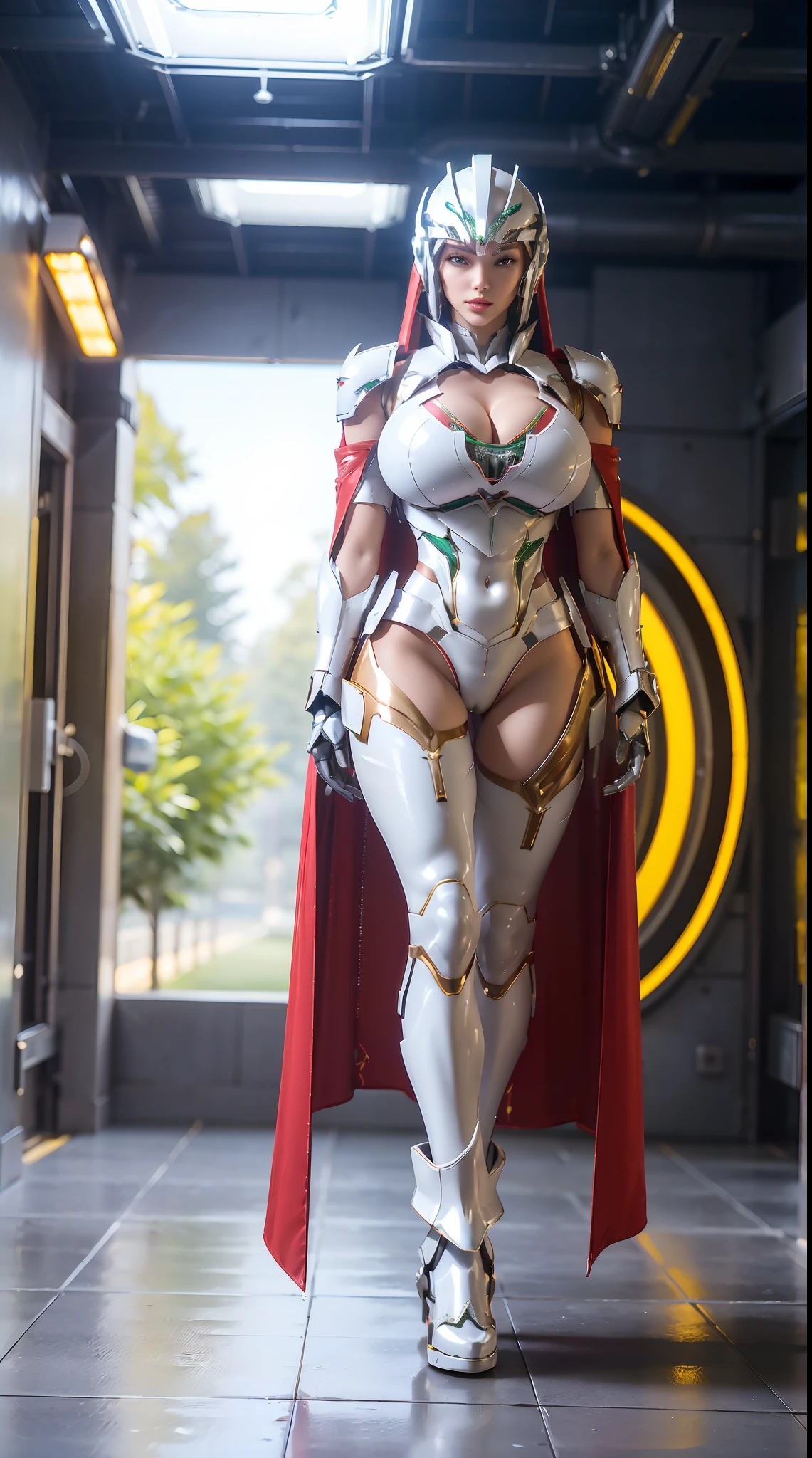 (1GIRL), (ssmile, red_libs, dark_hair), (phoenix mecha helm:1.2), (BIG BUTTOCKS, HUGE BOOBS:1.4), (PHOENIX MECHA GUARD ARM, GLOVES:1.3), (white, green, MECHA CYBER SHINY ARMORED SUIT, ROYAL CAPE, CLEAVAGE, MECHA SKINTIGHT HOTPANTS, GUARD ARMOR LEGS, HIGH HEELS:1.4), (MUSCULAR BODY, SEXY LONG LEGS, FULL BODY:1.5), (MUSCLE ABS:1.2), (LOOKING AT VIEWER:1.2), (WALKING DOWN HALLWAY OF FUTURISTIC SPACE STATION, BRIGHT LIGHTING:1), PHYSICALLY-BASED RENDERING, ULTRA HIGHT DEFINITION, 16K, 1080P.