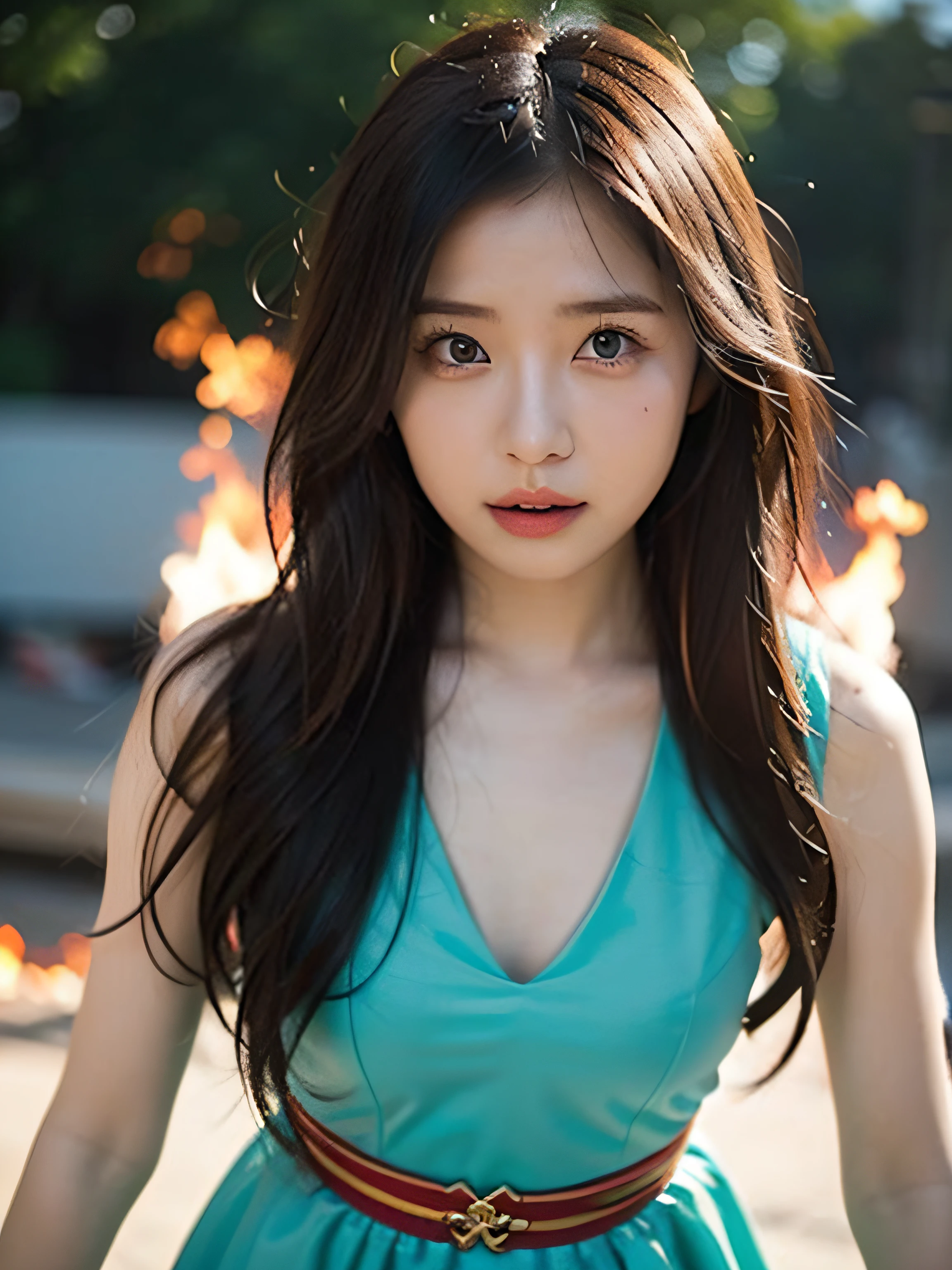 Outstanding drawings of beautiful white girls, loimu, surrounded by flames, dota2 firegirl style, Ghost knife style, Fire-like hair, long red hair, watery blue big eyes, thin waist, wide hips, Mage Dress, Magic Color, Warcraft style world, blizzard entertainment, Ultra HD, 8K, Real skin texture, best light, Best Shadow, dota2 lina, action, a magical world, Overhead view, small mouth, small nose, Big eyes, Cute