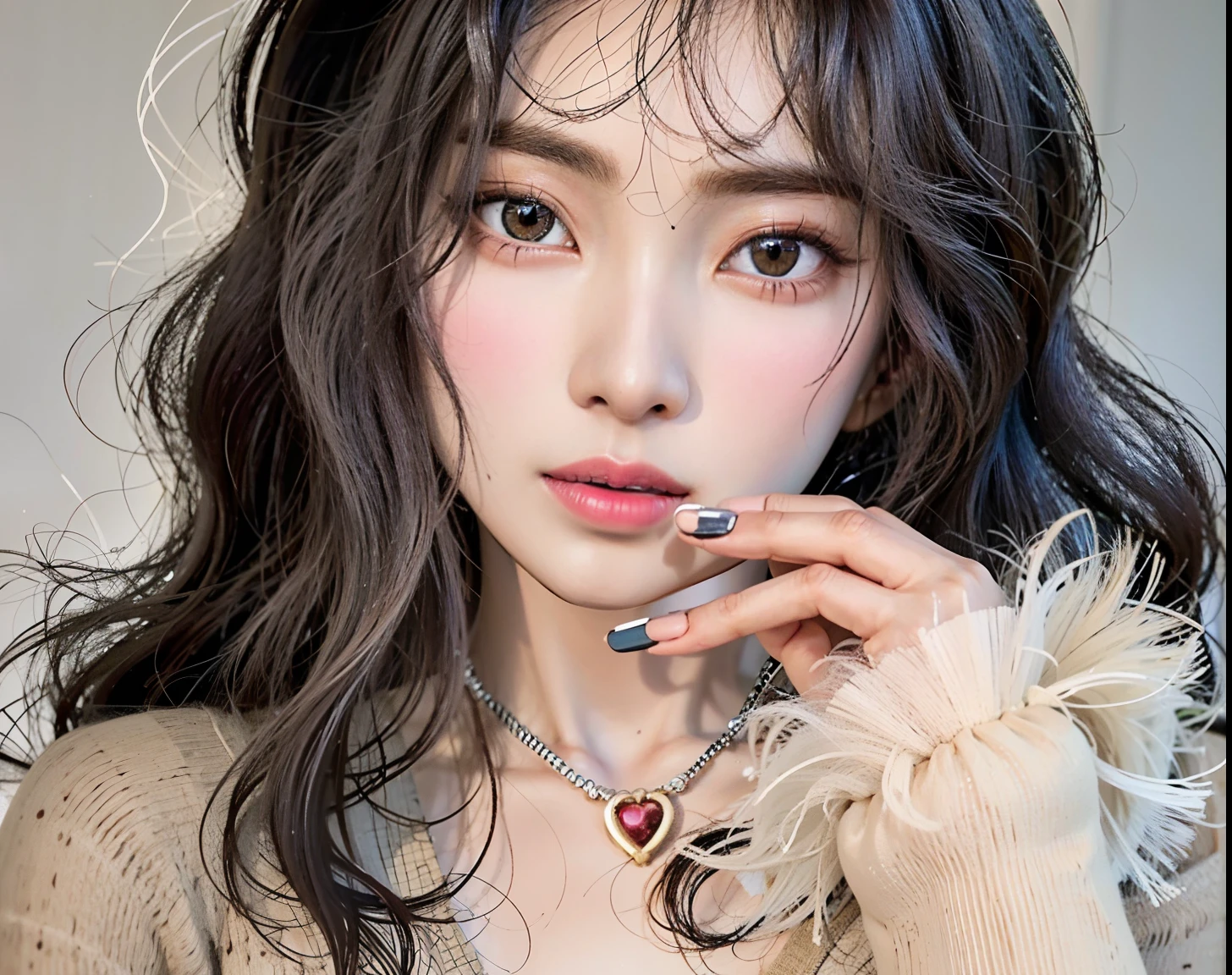 Un primer plano de una mujer con cabello largo y un collar, ulzzang, maquillaje coreano popular, con cabello largo y ojos penetrantes, maquillaje popular de Corea del Sur, Sakimichan, Small heart-shaped face, Cara sexy con maquillaje completo, Ojos grandes y cabello largo y suelto, flequillo esponjoso, Chica coreana, con hermosos ojos detallados, Joven y adorable rostro coreano