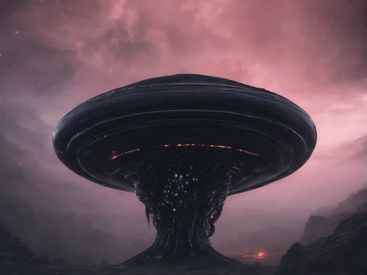 glossy slimy mucus covered round black meteoroid in foggy volumetric alien tentacle landscape