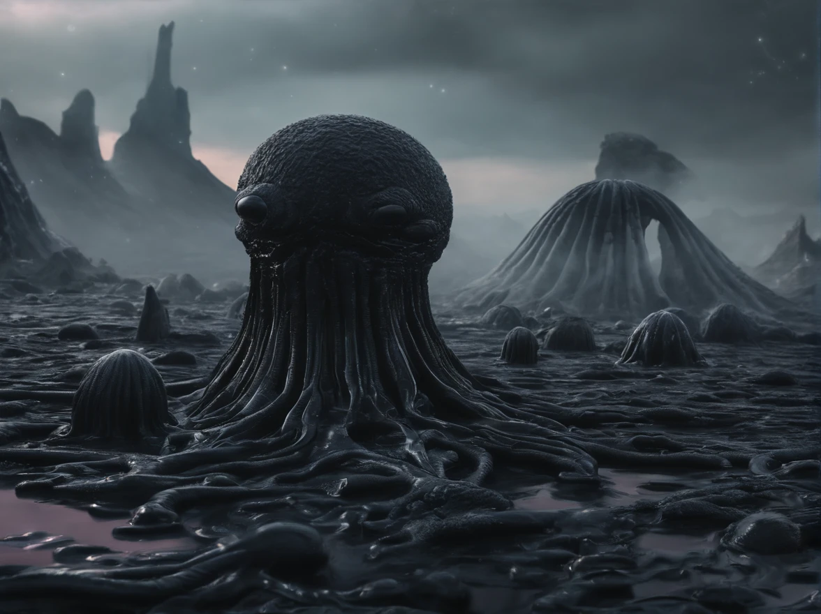 glossy slimy mucus covered round black meteoroid in foggy volumetric alien tentacle landscape