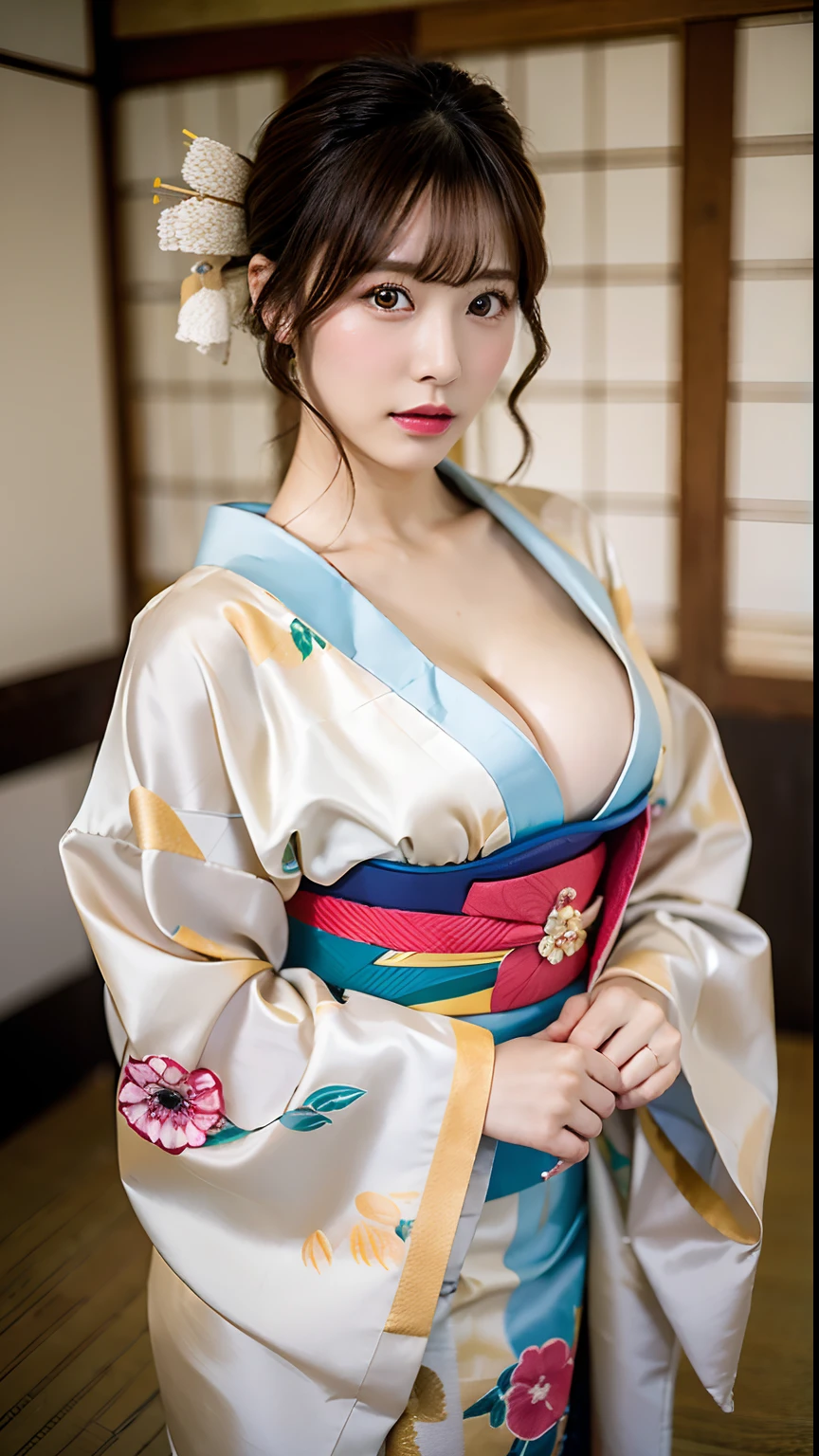 op quality, one beautiful woman, wearing a kimono, 35mm lens, f/1, cowboy shot, (white background: 1.3), Showcasing cleavage, in the Japanese-style room