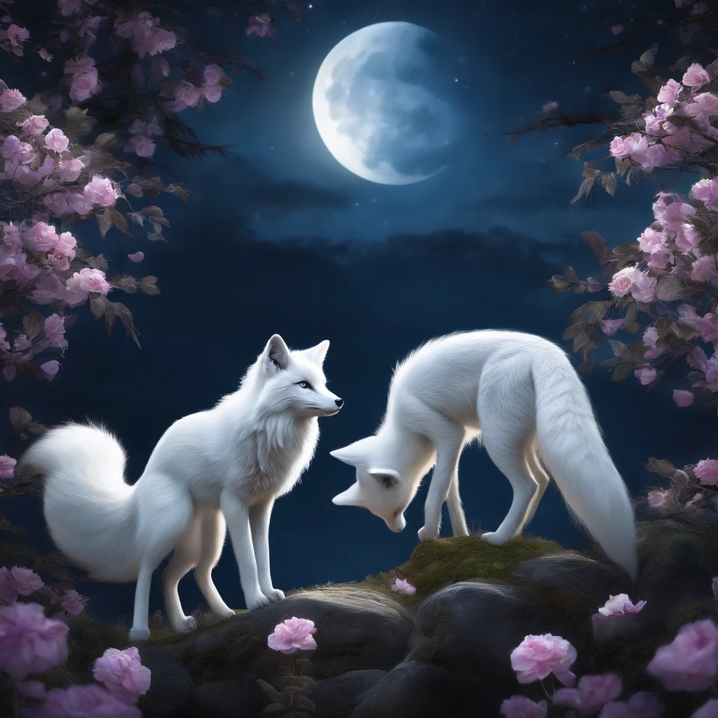 K HD，Mythical spirit beasts，Silver Fox，Giant tailed fox，White Fleur，Looking at the Moon、米の穂🌾の間から