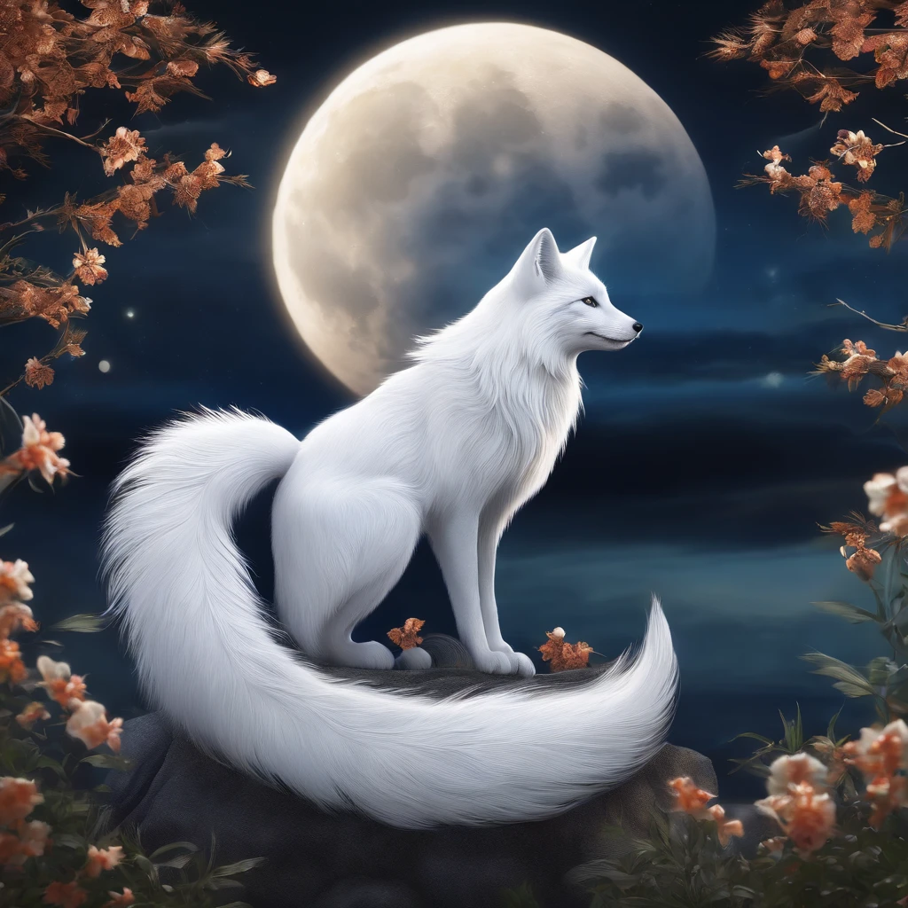 K HD,Mythical spirit beasts,Silver Fox,Giant tailed fox,White Fleur,Looking at the Moon、米の穂🌾の間から