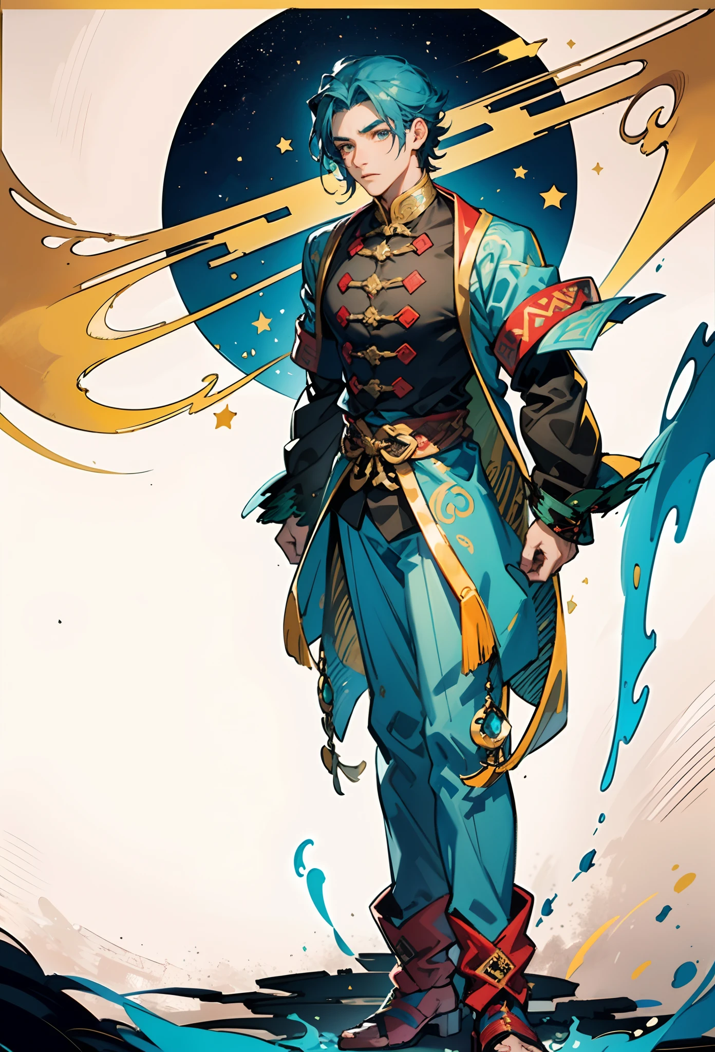 A young man with short aquamarine hair, sharp eyebrows, starry eyes, radiating a righteous aura, a two-piece fantasy wuxia-style outfit, featuring a traditional Chinese martial arts long gown, a wide overcoat, flowing sleeves, the color scheme is mainly red and white, with yellow as secondary colors, matching trousers, sturdy cloth boots, the background depicts a dreamy pattern of geometric symbols and stars, this character embodies a finely crafted fantasy-style Chinese martial hero in anime style, characterized by an exquisite and mature manga illustration art style, full body character drawing, high definition, best quality, highres, ultra-detailed, ultra-fine painting, extremely delicate, professional, anatomically correct, symmetrical face, extremely detailed eyes and face, high quality eyes, creativity, RAW photo, UHD, 8k, Natural light, cinematic lighting, masterpiece:1.5