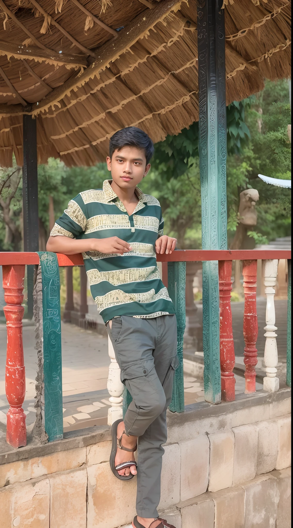 there is a man standing on a porch with a straw roof, at a park, jayison devadas, in a park, assamese, candid picture, very artistic pose, around 1 9 , taken in zoo, jayison devadas style, with accurate face, in garden, photo taken with canon 5d, with lovely look